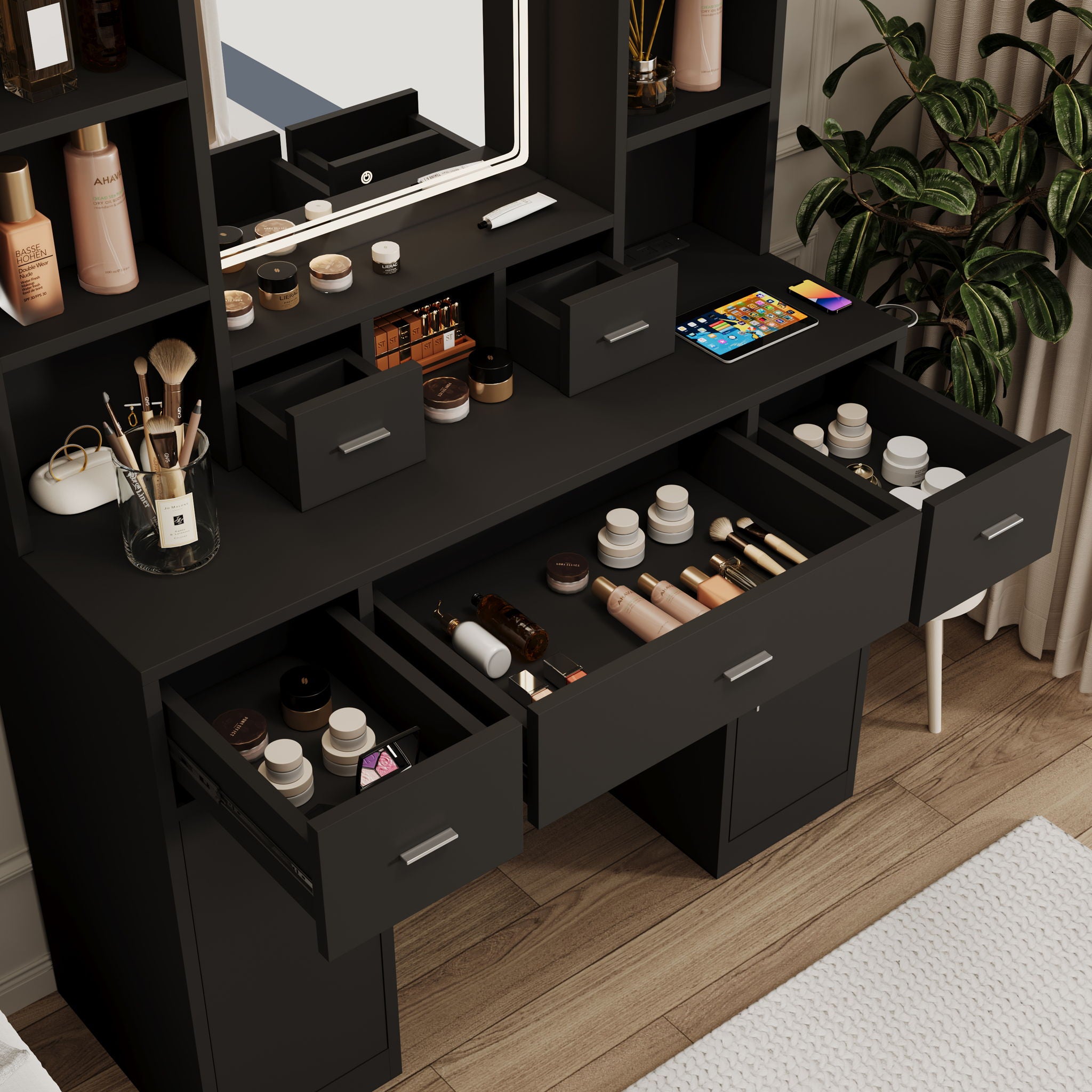 Newly Designed Smart Mirror Dressing Table With Drawers And Storage Cabinet, Dressing Table With Dressing Pad For Bedroom - Black