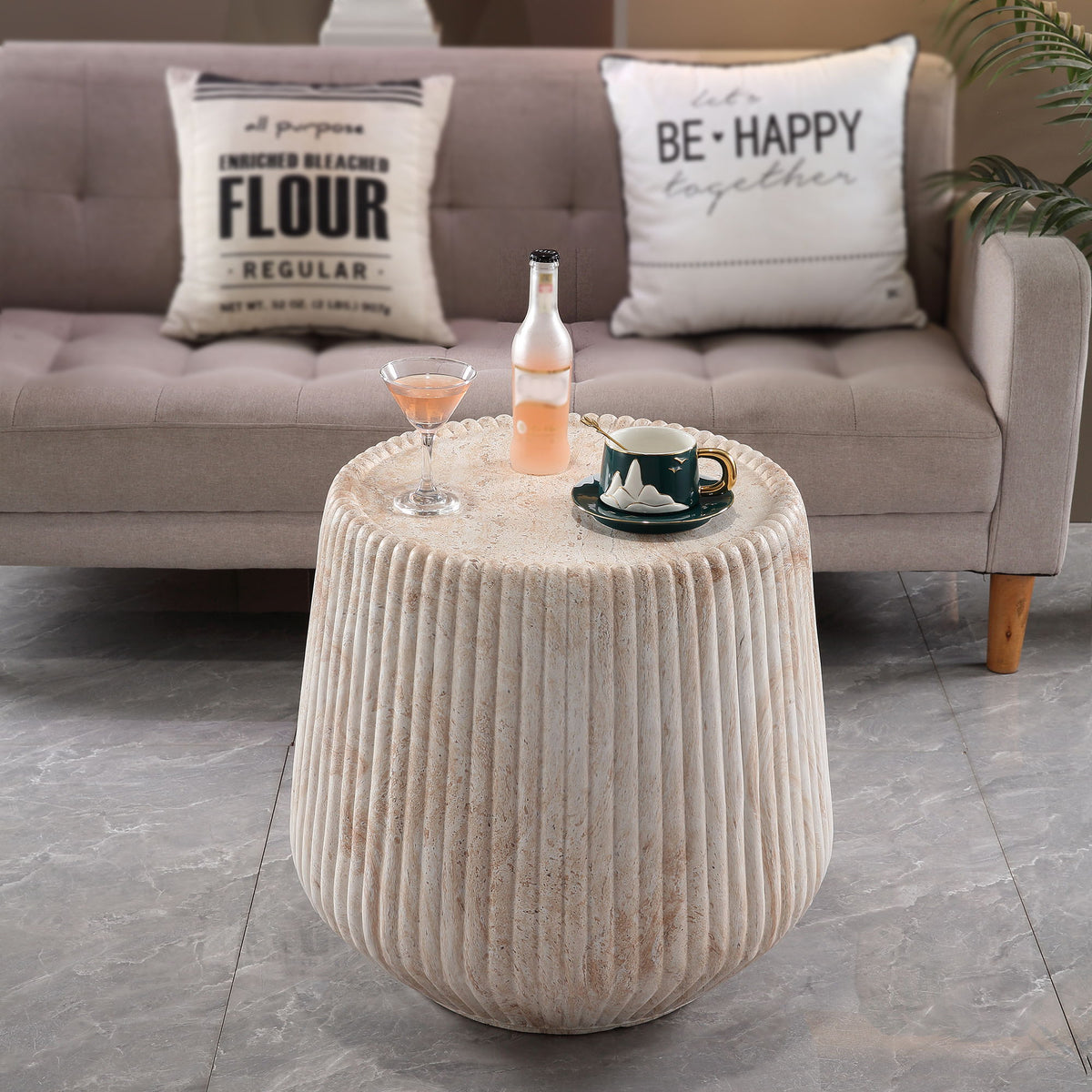 Fluted Drum Accent Coffee Table For Indoor / Outdoor - Beige / Yellow