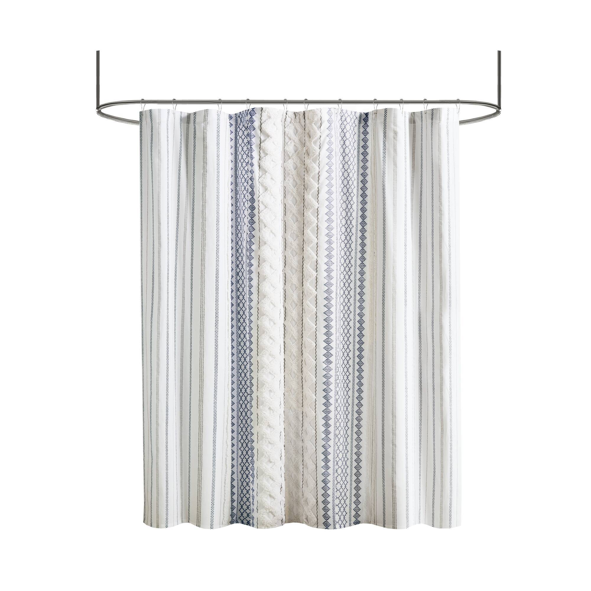 Imani - Printed Shower Curtain With Chenille - White/Navy