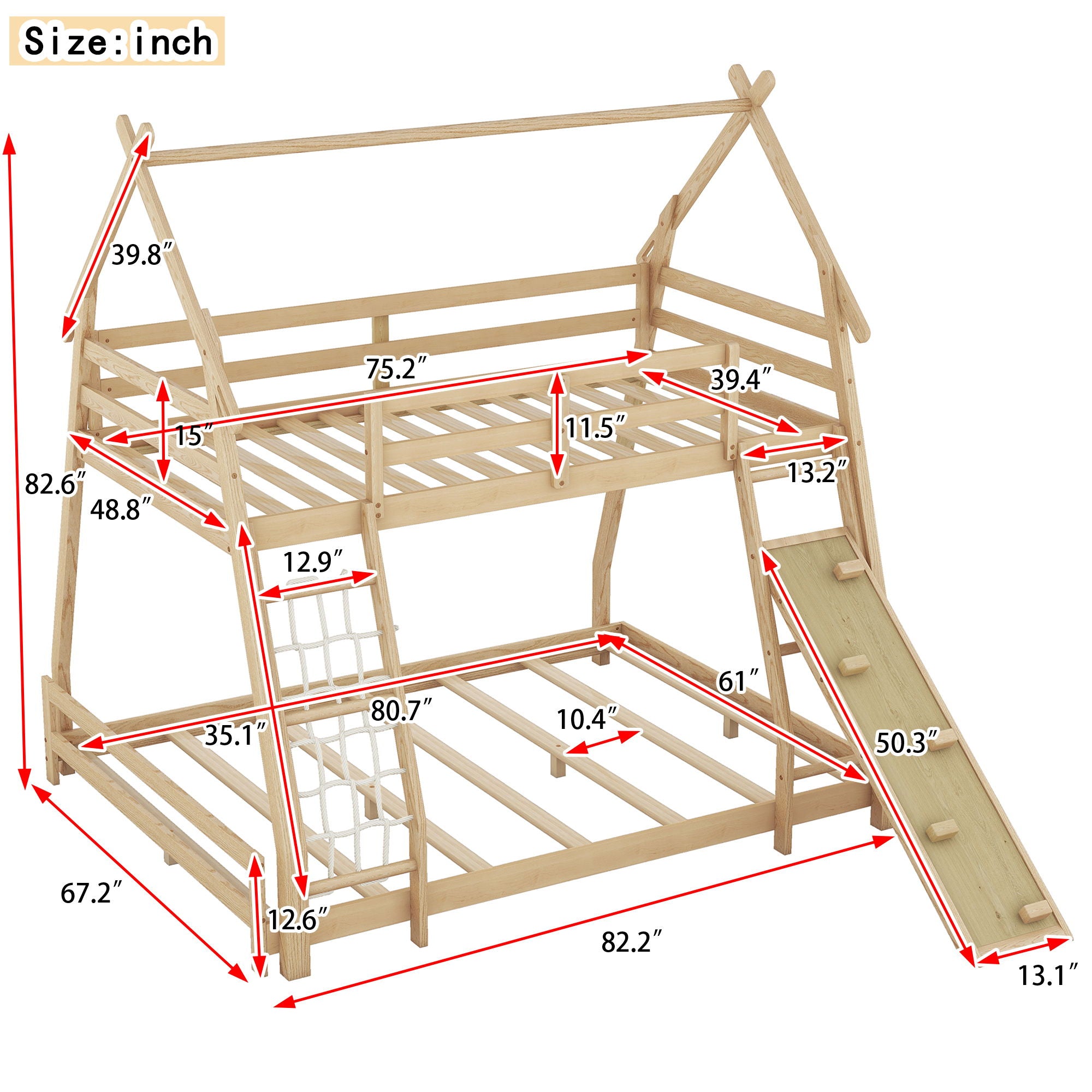 Georgiana - Twin Over Queen House Bunk Bed With Climbing Nets And Climbing Ramp