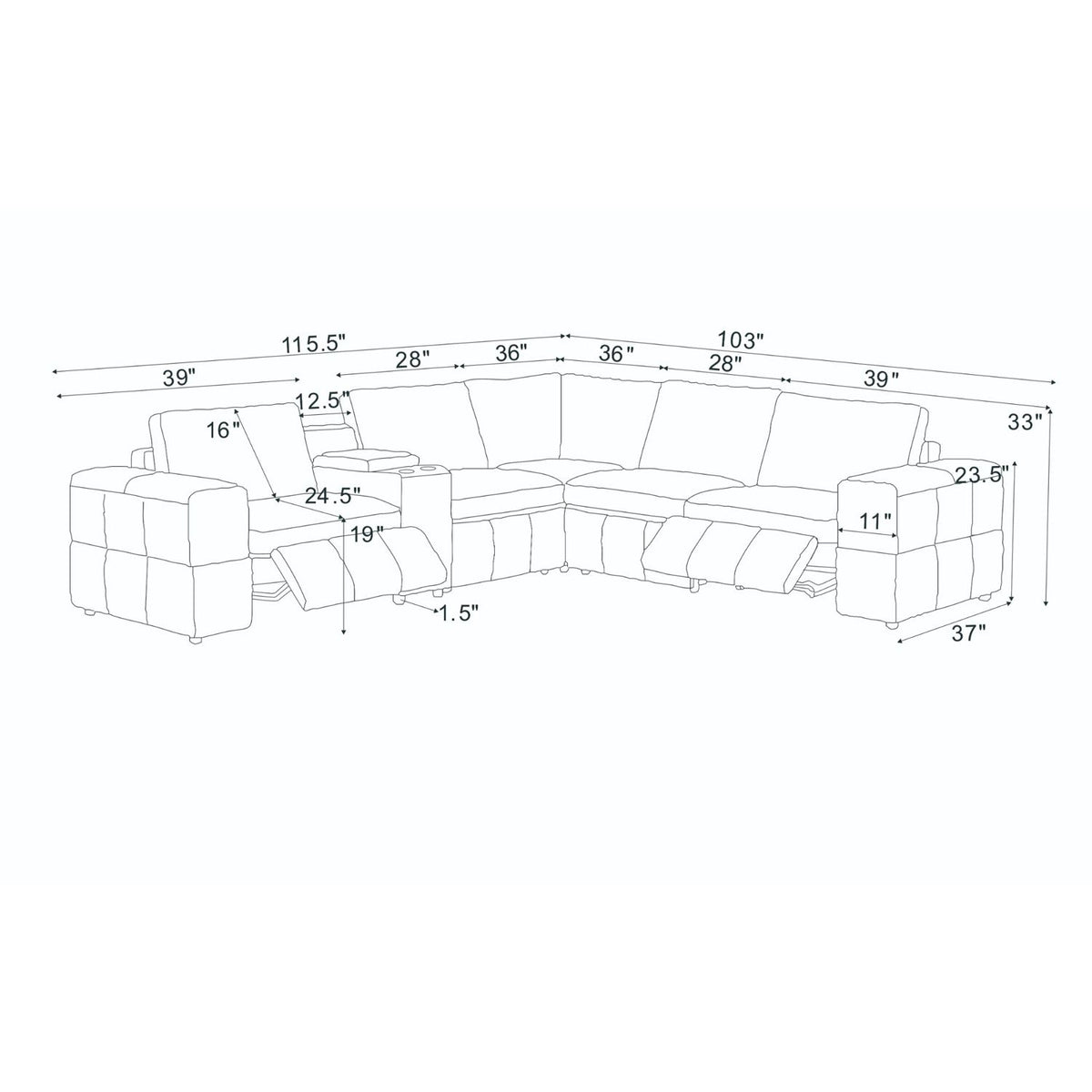 Upholstered Large Arms Sectional With Recliner Seats