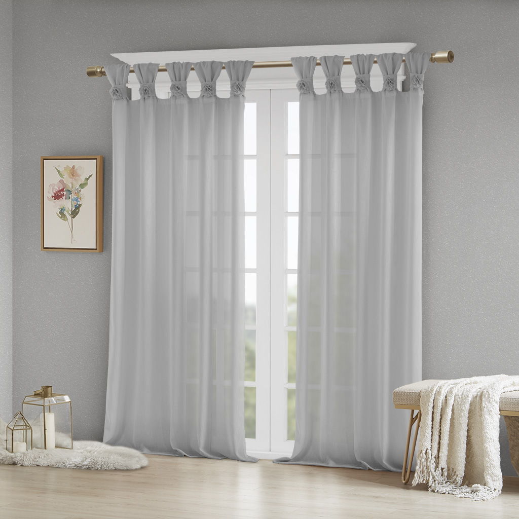 Rosette - 84" Floral Embellished Cuff Tab Top Solid Window Panel - Gray