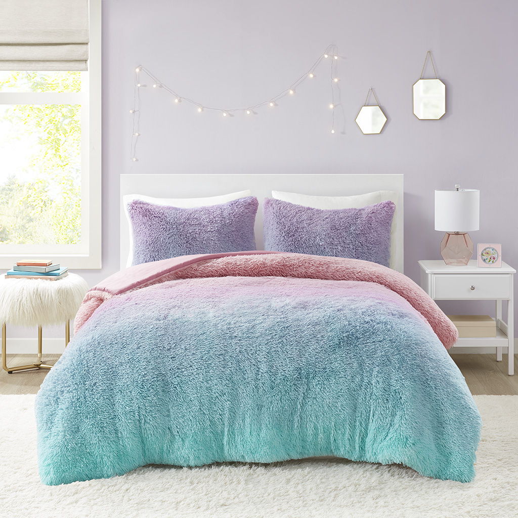 Primrose - Ombre Shaggy Faux Fur Comforter Set - Purple Multi