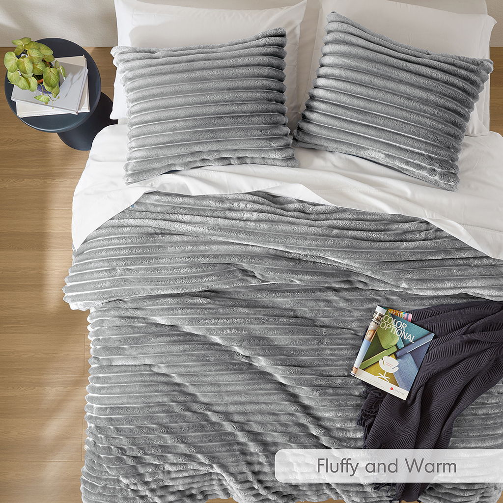 Avril - Full/Queen Fluffy Ribbed Plush Comforter Set - Gray