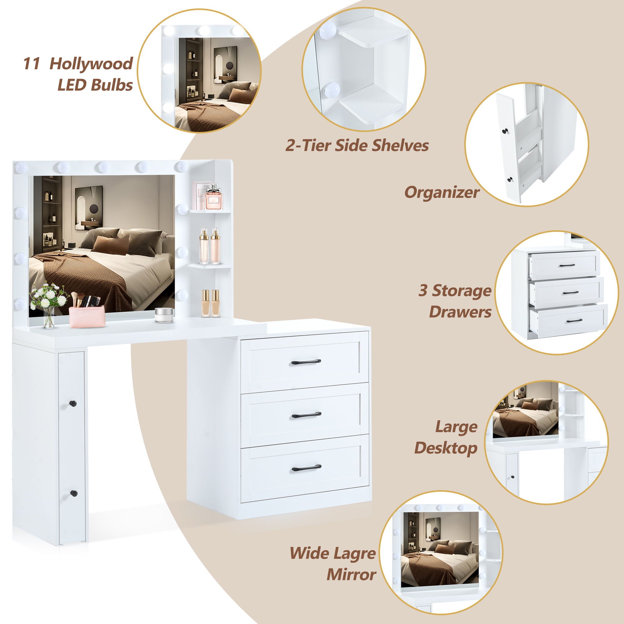 Vanity Desk With Freely Adjustable Side Cabinet, Makeup Vanity With Hollywood Lights, 5 Storage Drawers & 2-Shelves, Modern Dressing Table - White