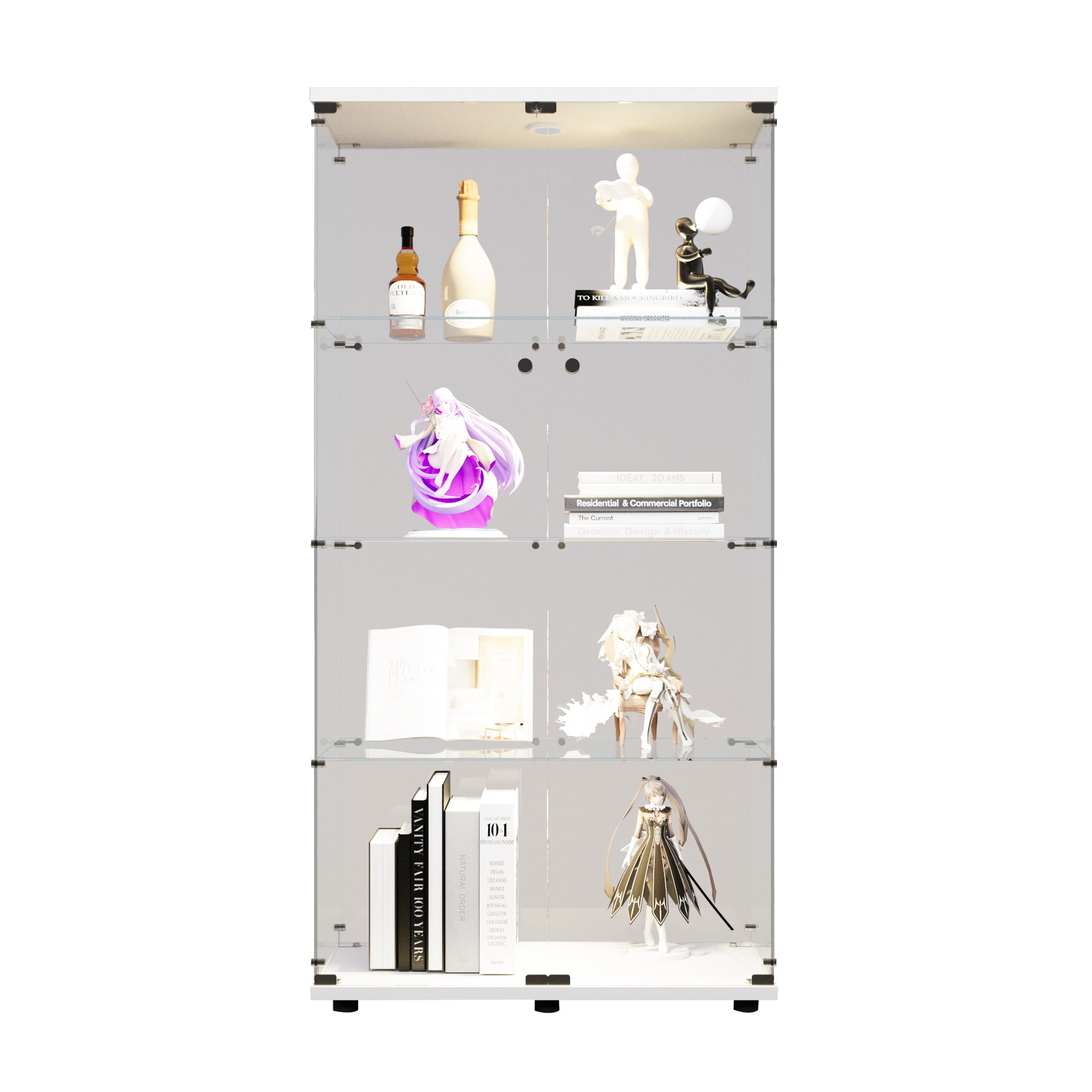 Two-door LED lights Glass Display Cabinet 4 Shelves with Door, Floor Standing Curio Bookshelf for Living Room Bedroom Office, 64.7"*31.7"*14.3", White