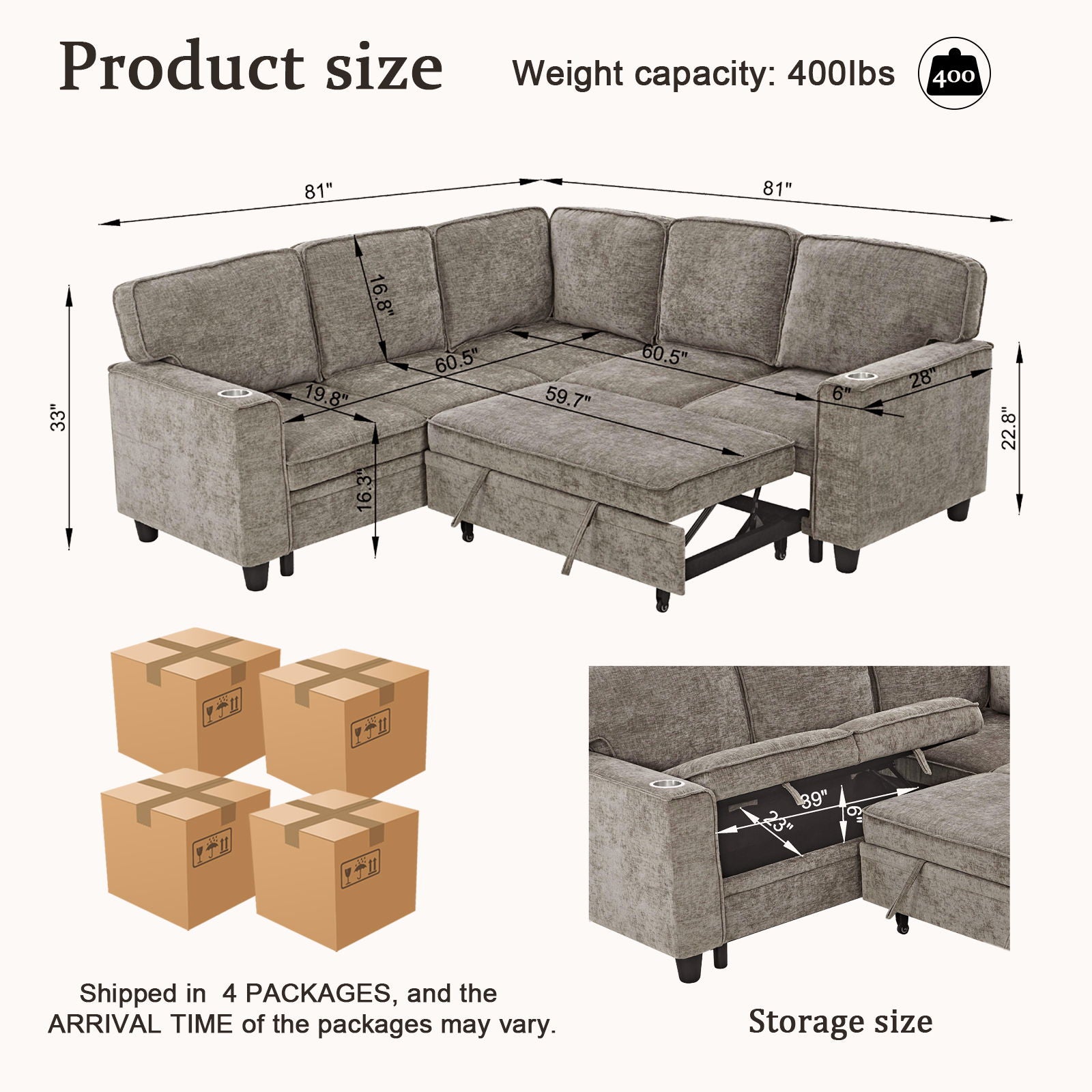 L-Shaped Sofa With Pull Out Sofa Bed With USB