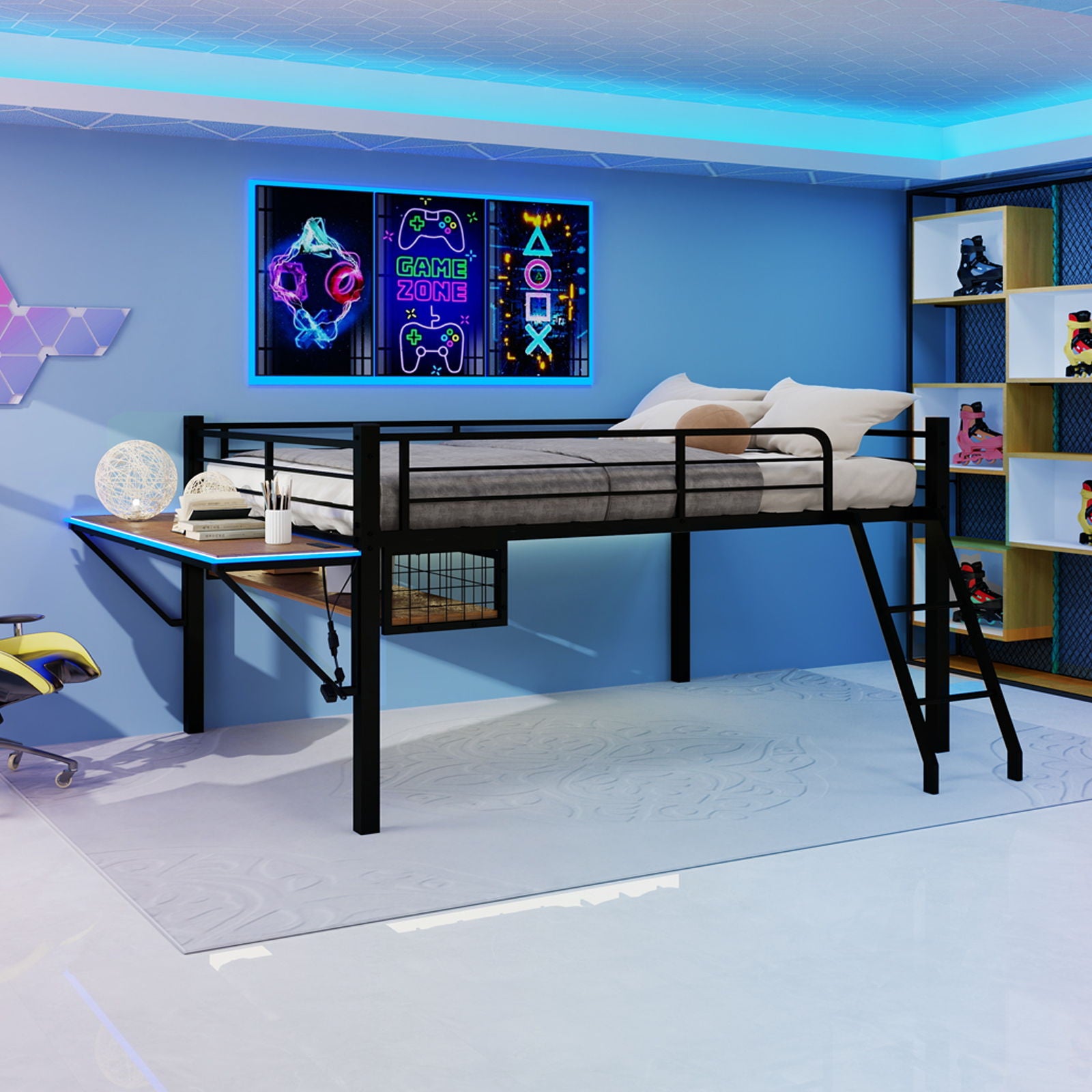 Loft Bed With Built In Desk, LED Light Strip