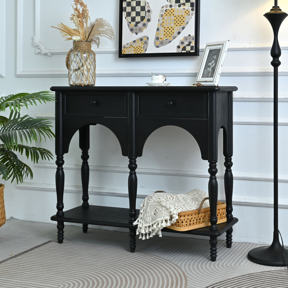 Accent Carved Console Table With Open Shelf And 2 Drawers For Living Room - Black