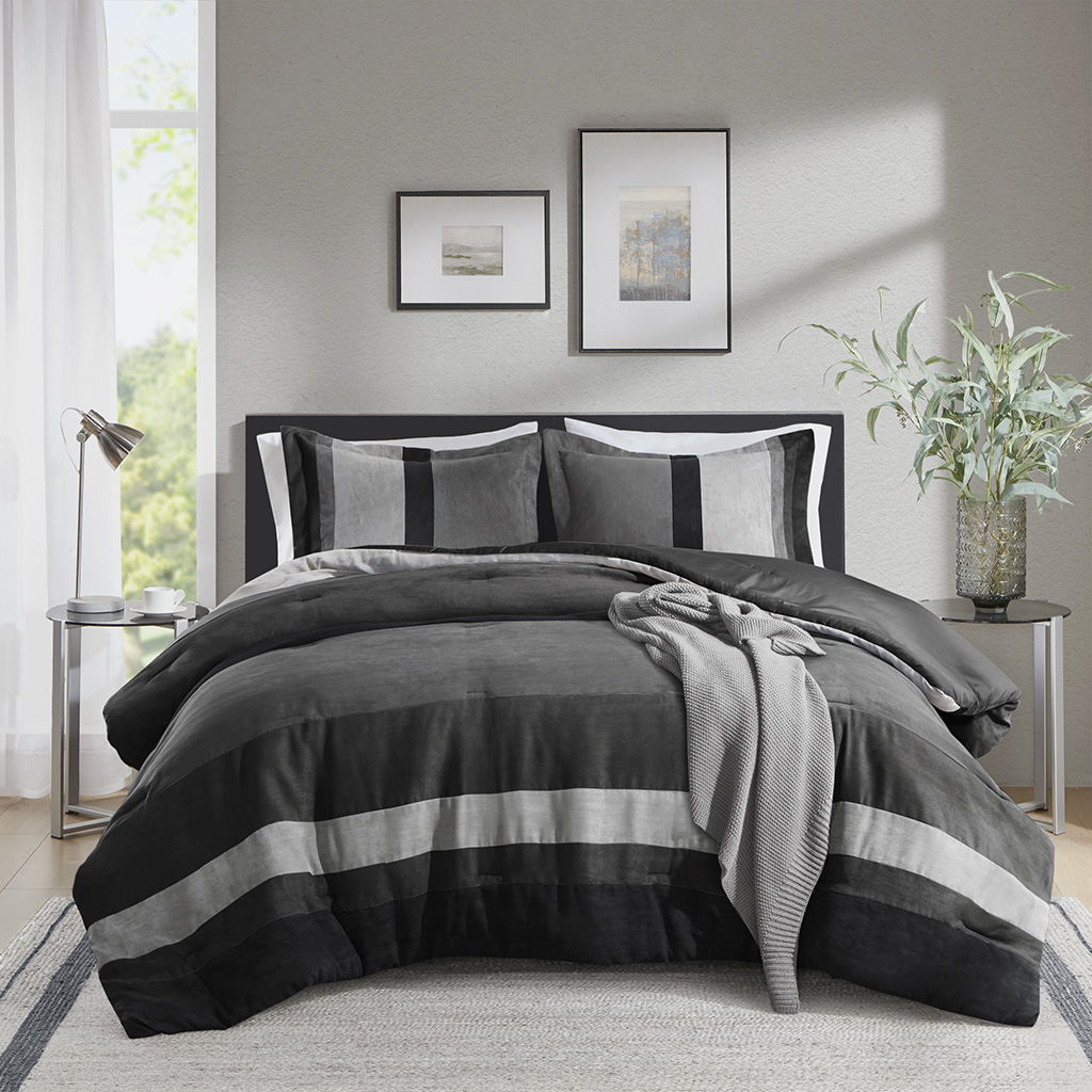 Boulder Stripe - King/California King Pieced Comforter Set - Black