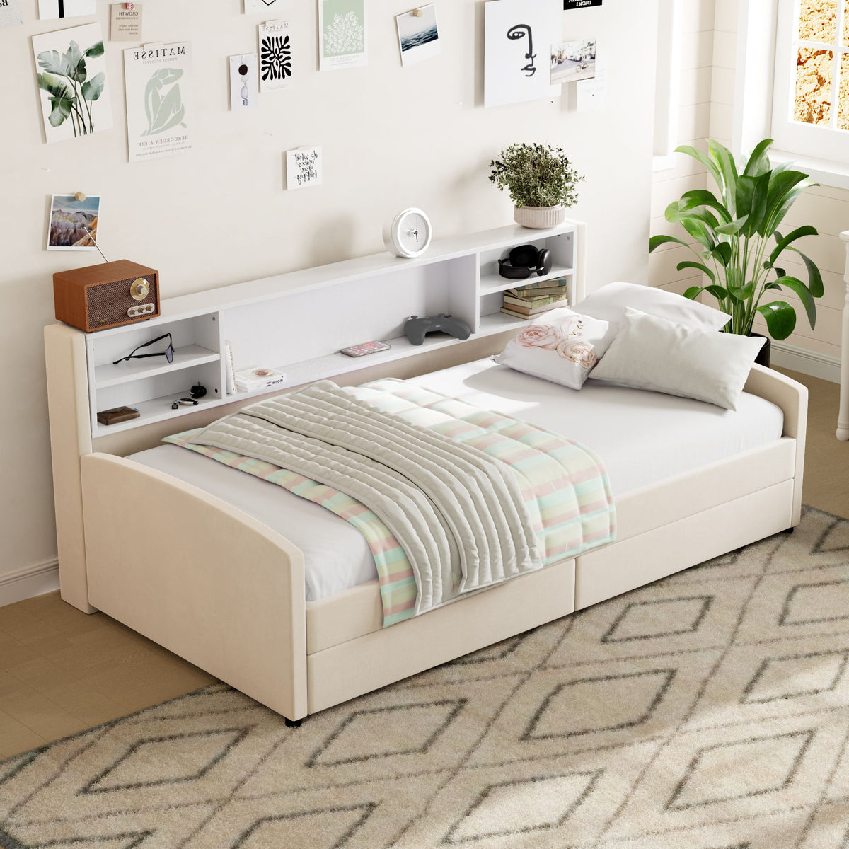 Twin Size Luxurious Upholstered Platform Bed With Storage Drawers - Beige