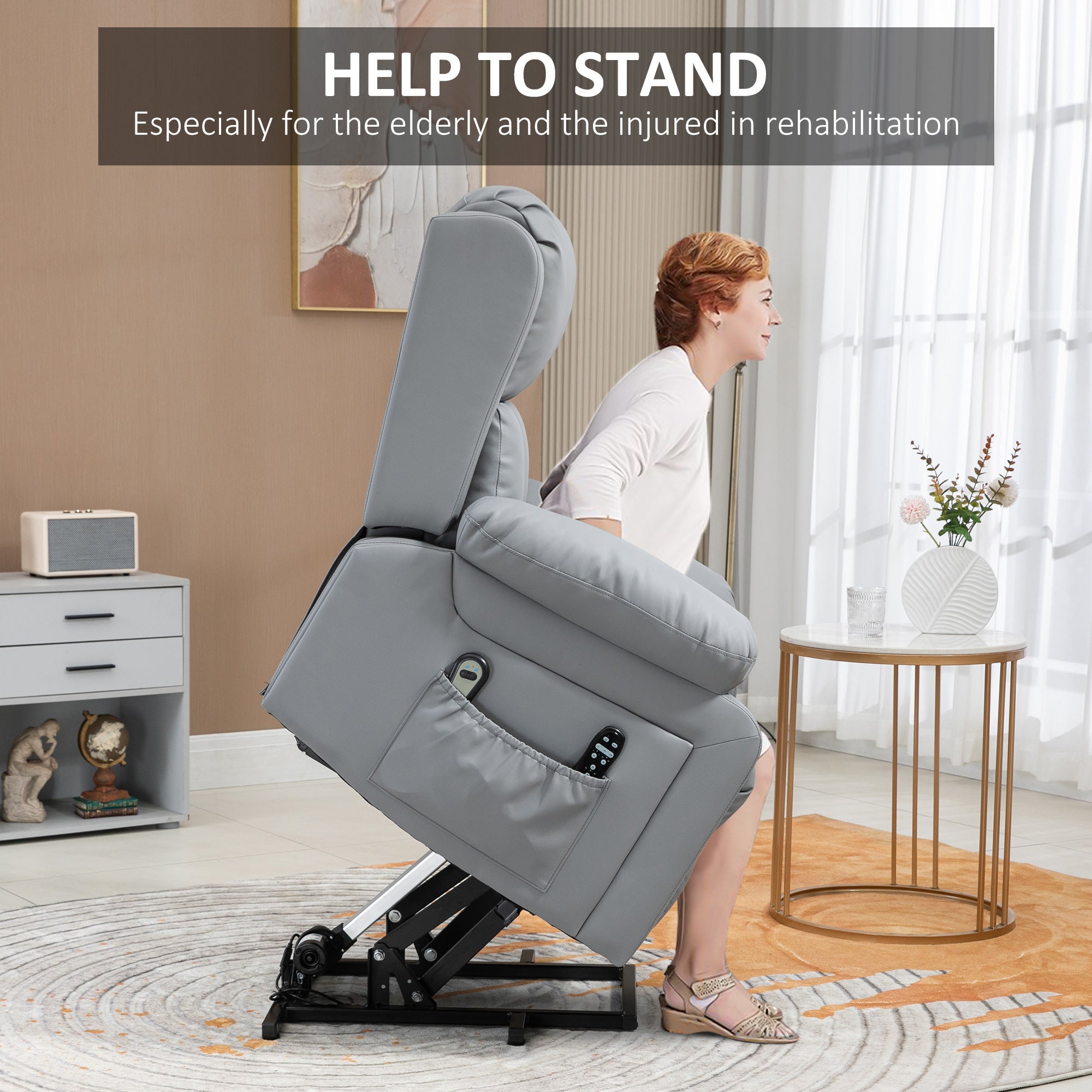 HOMCOM Electric Power Lift Recliner Chair, PU Leather Reclining Chair with Vibration Massage, Heated, Remote Control, Side Pockets, for Elderly, Gray