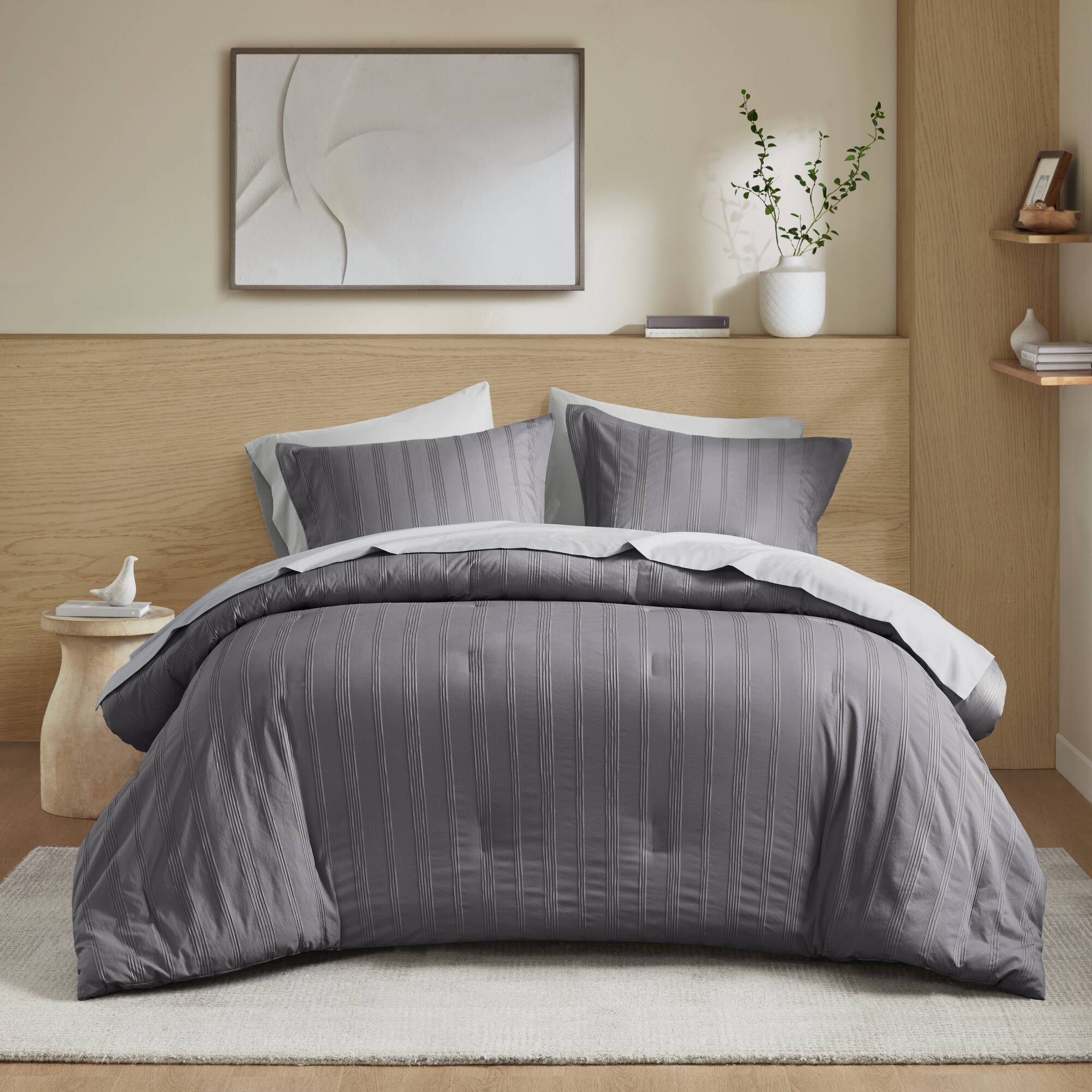 Logan - Queen Striped Comforter Set - Charcoal