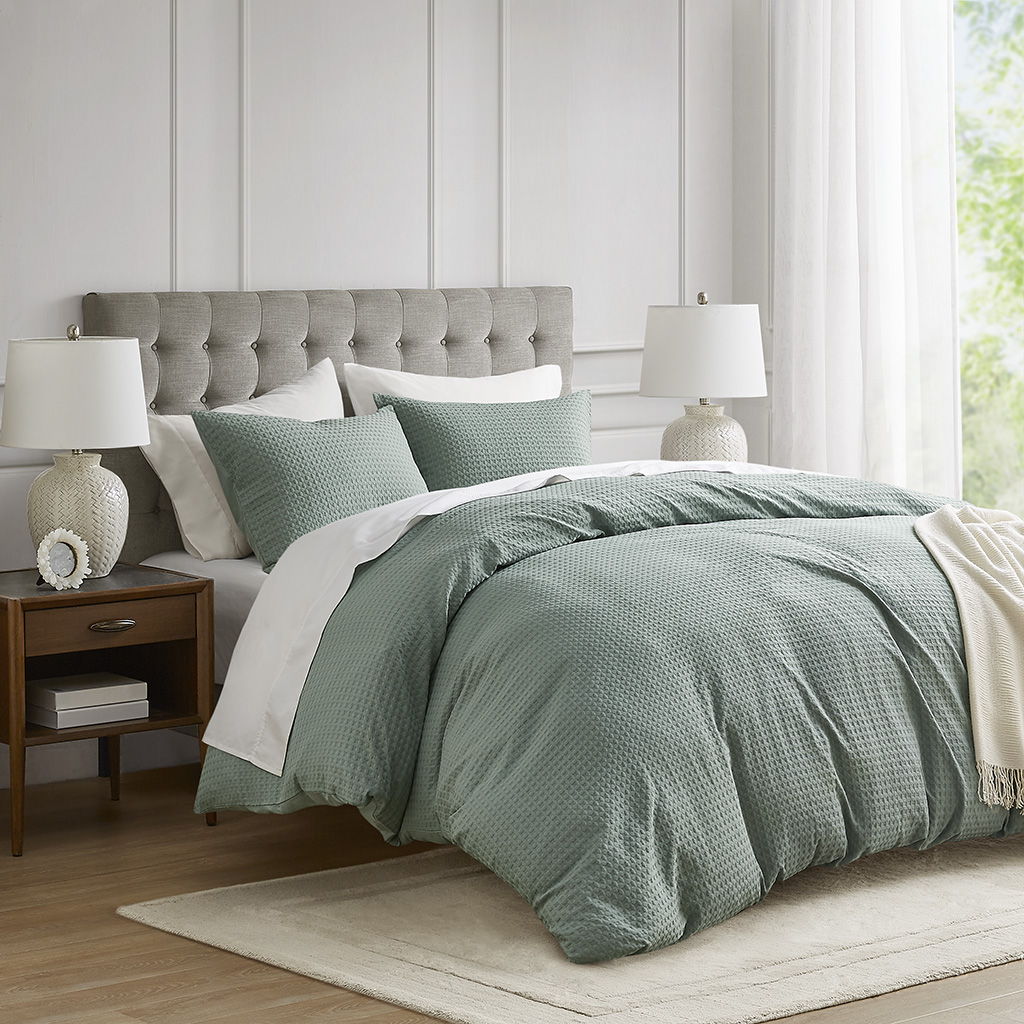 Mina - King/California King Waffle Weave Textured Duvet Cover Set - Sage Green