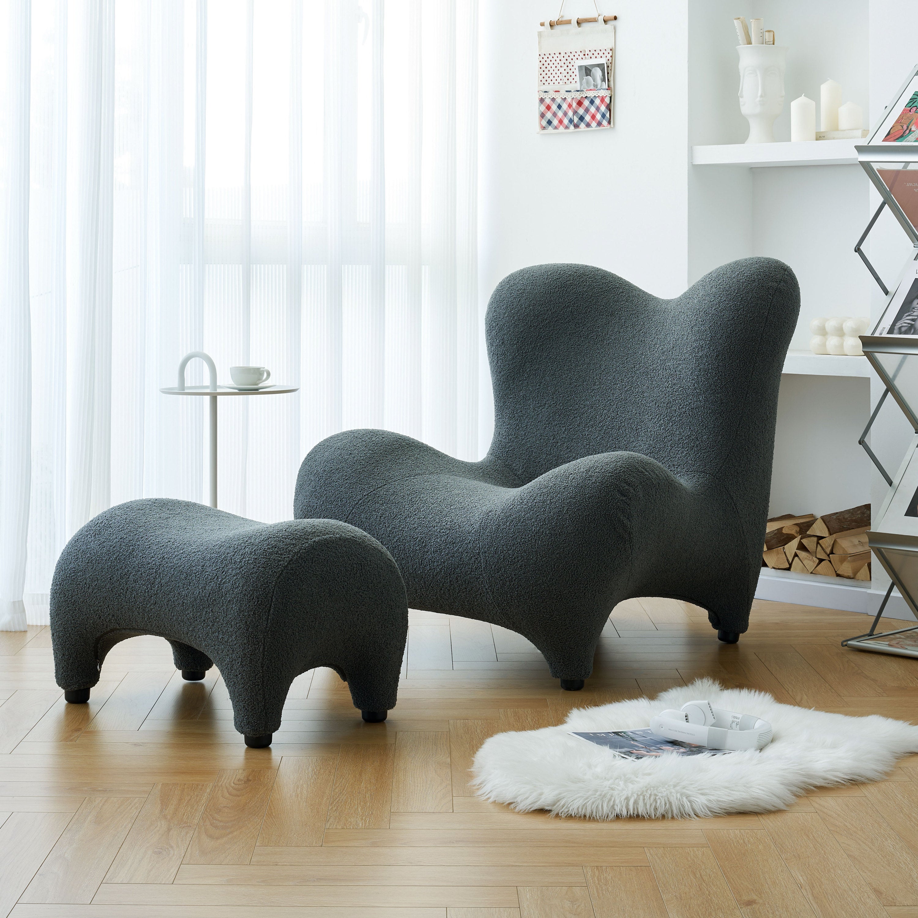Modern Accent Chair and Ottoman Set, High Back Sherpa Blouce Fabric Armchair with Footstool for Living Room, Lounge, Bedroom, Reading Room, Office