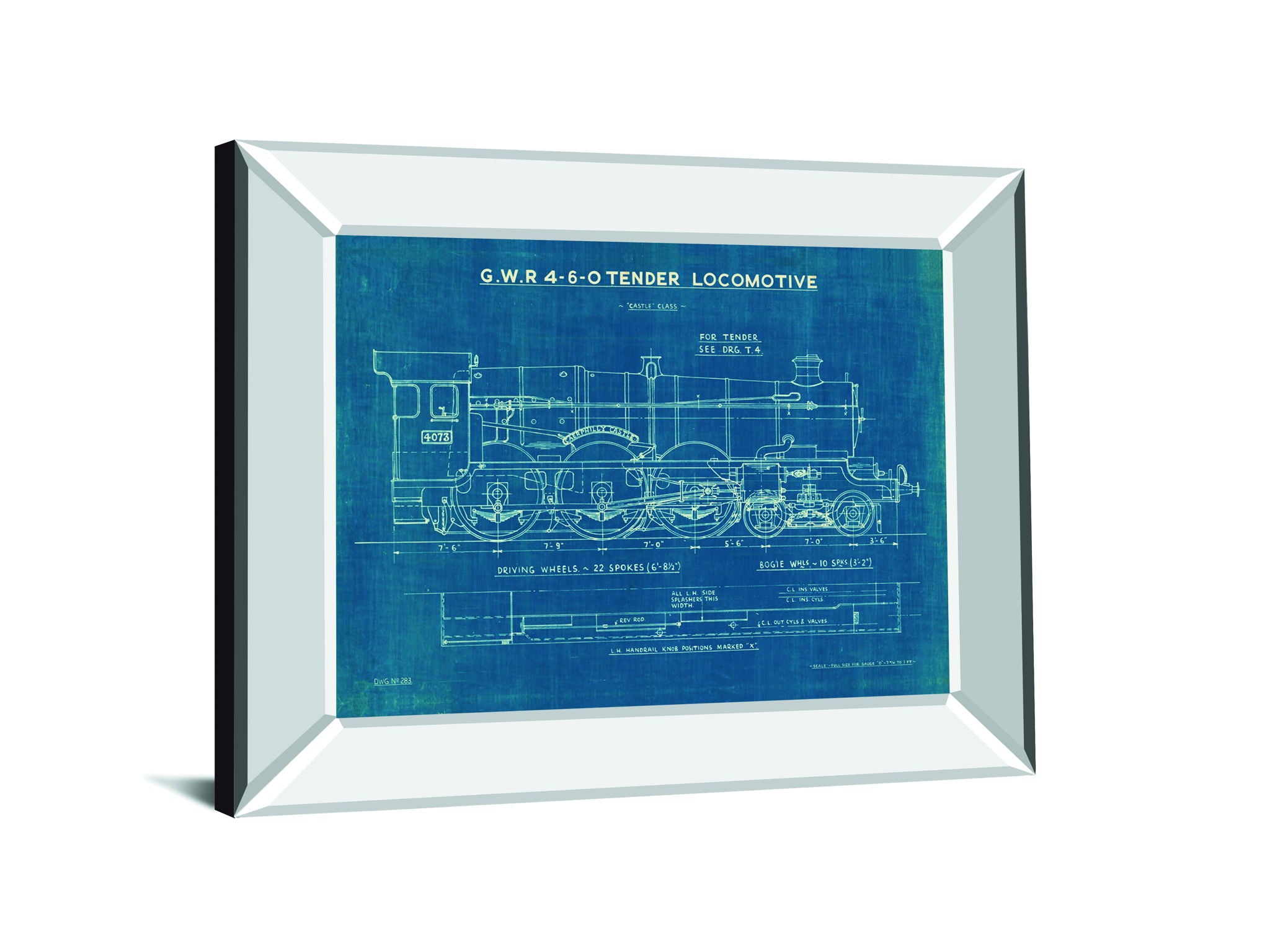 Locomotive Blueprint I By Wild Apple Portfolio - Mirror Framed Print Wall Art - Blue