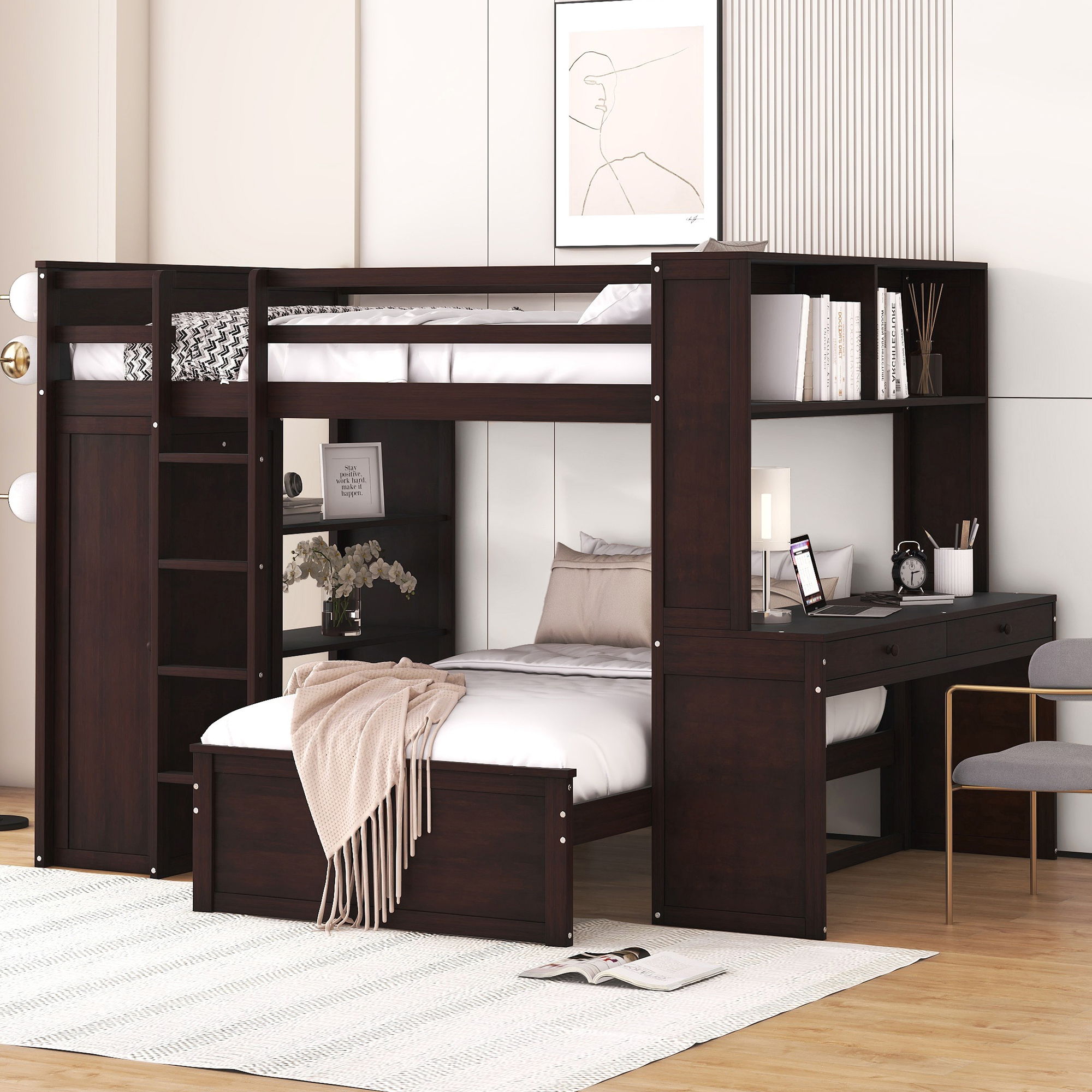Loft Bed With A Twin Size Standalone Bed, Shelves, Desk, And Wardrobe
