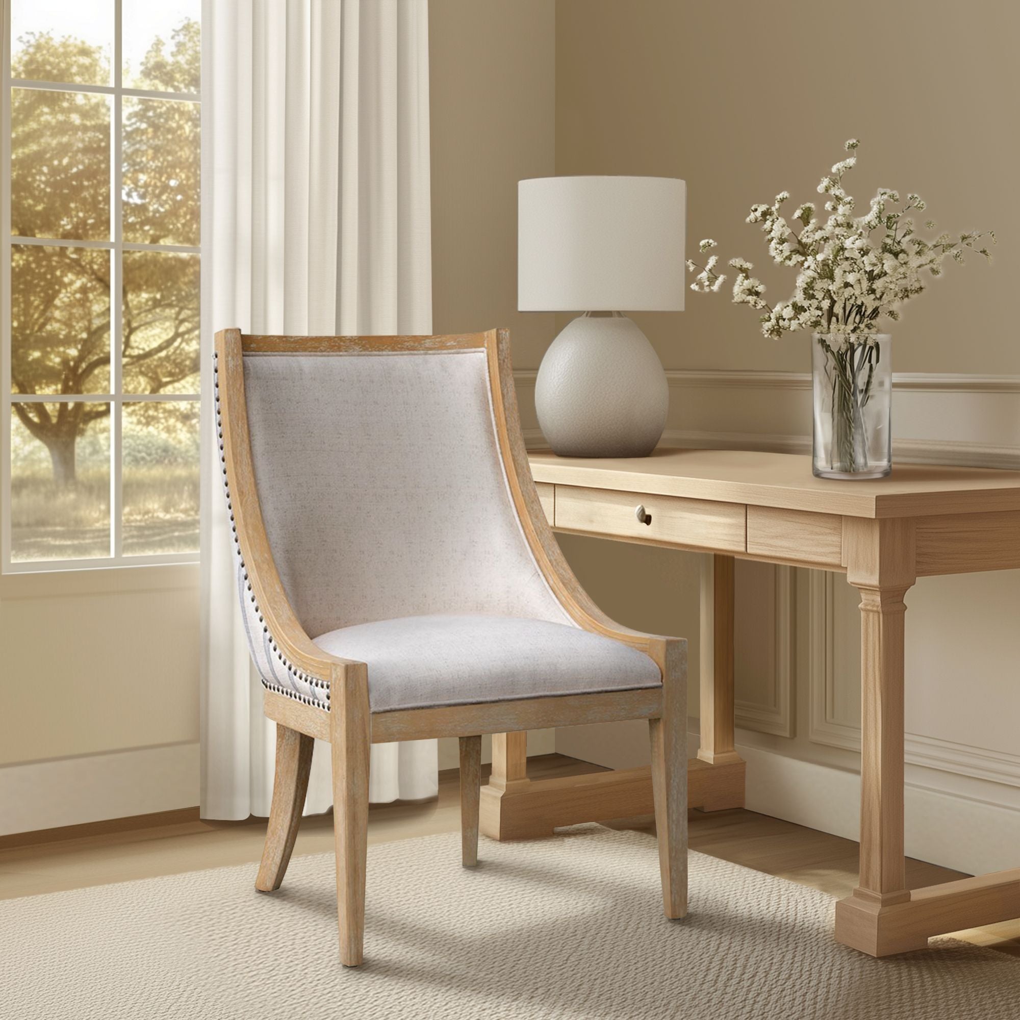 Elmcrest - Upholstered Dining Chair With Nailhead Trim - Beige Stripe