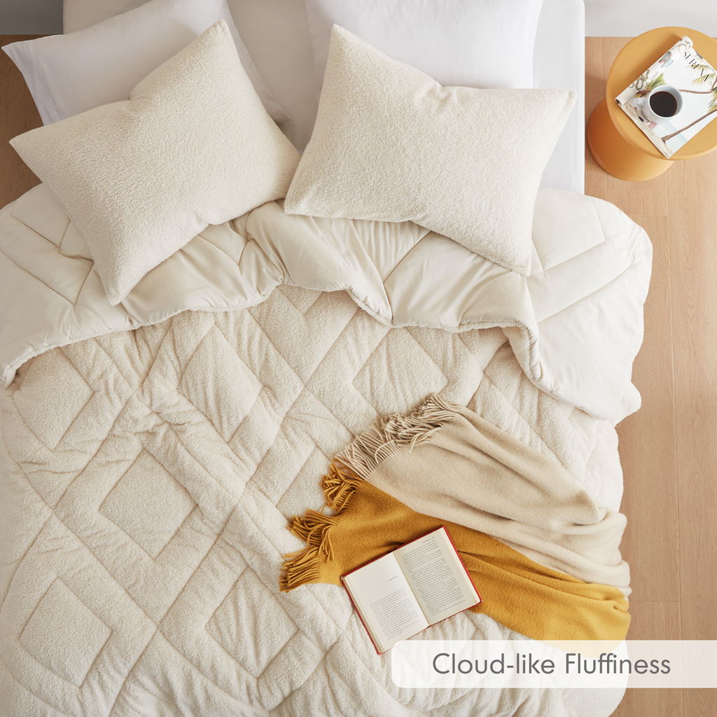 Kyla - Full/Queen Double Diamond Quilted Teddy Comforter Set - Ivory