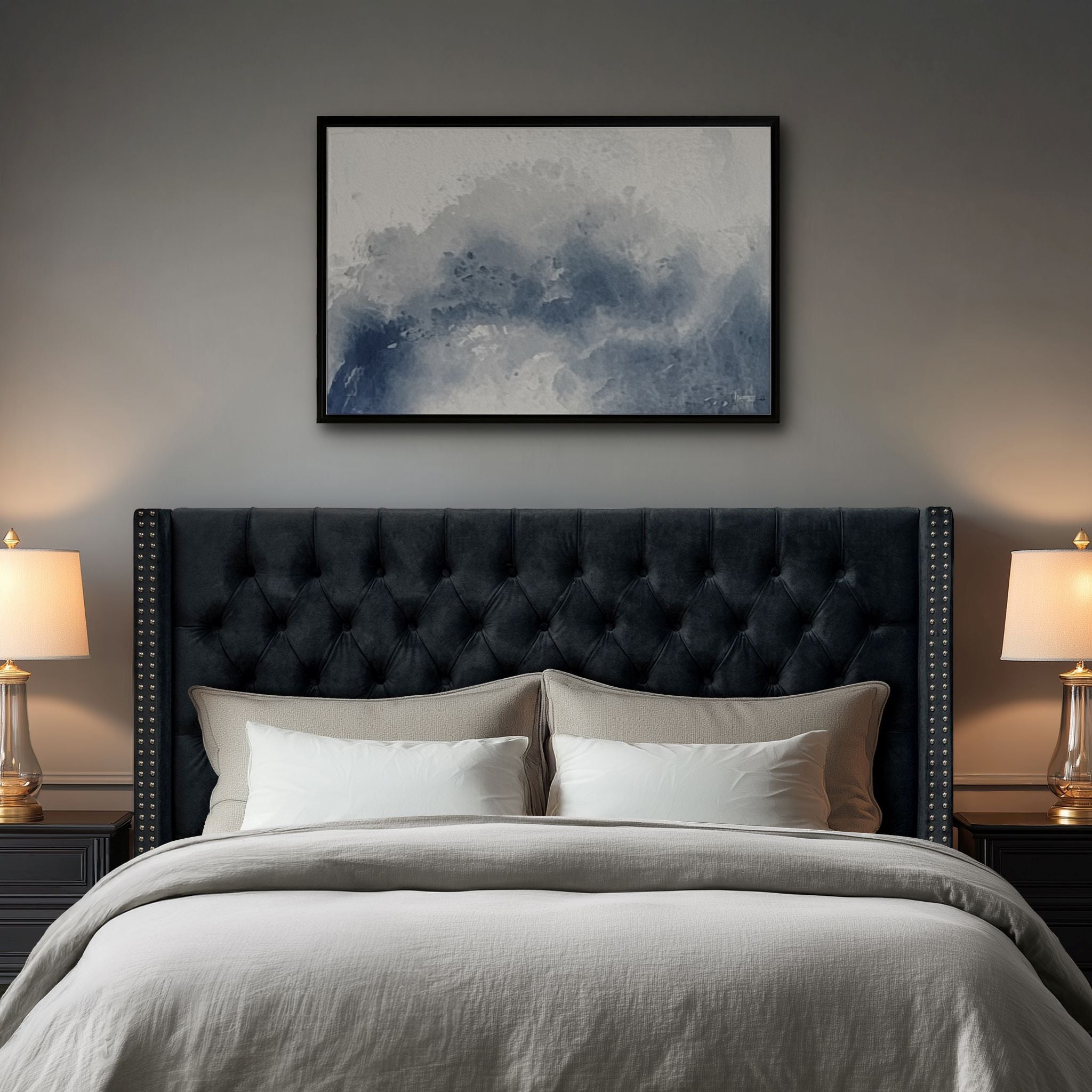 Amelia - Upholstered Wingback Headboard With Button Tufting & Nailhead Trim Velvet - Black