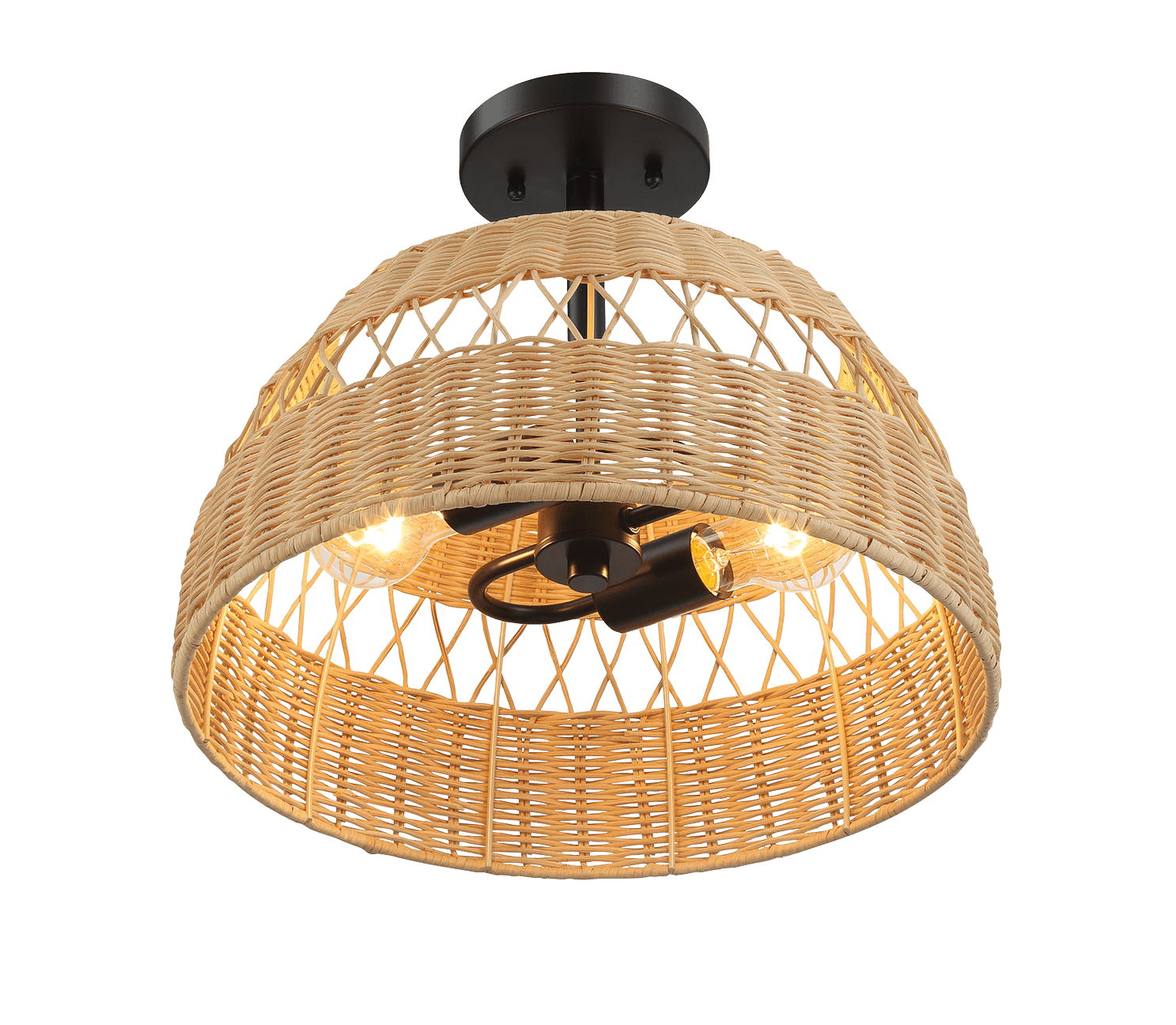 Twinkle - Double Lights Semi Flush With Shade - Black / Rattan