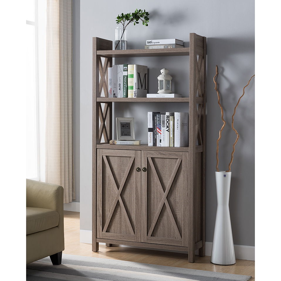 Crosshatch Display, Home Storage Cabinet With Two Top Shelves, Two Door Cabinet