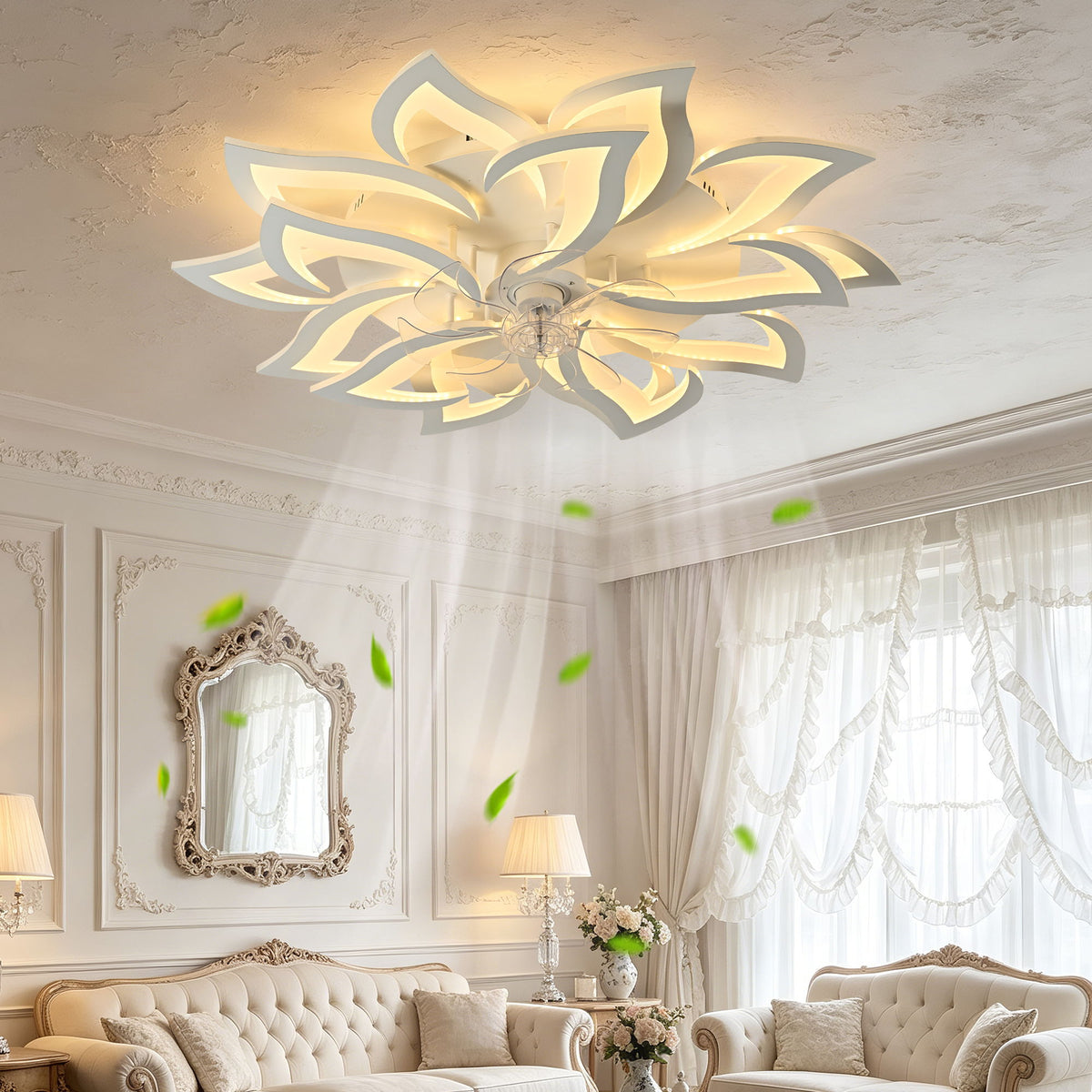 15 Leaves Ceiling Fan With Remote Controlled LED Light, Low Profile With 6 Speeds And Timer For Living Room - White