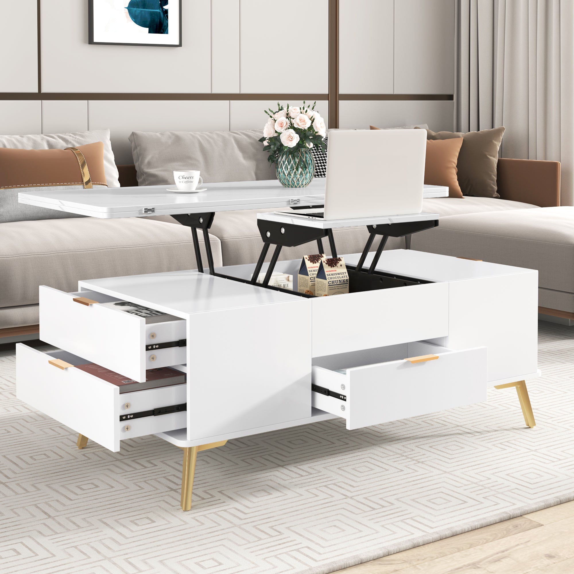 Modern Lift Top Coffee Table Multi Functional Table with Drawers in White