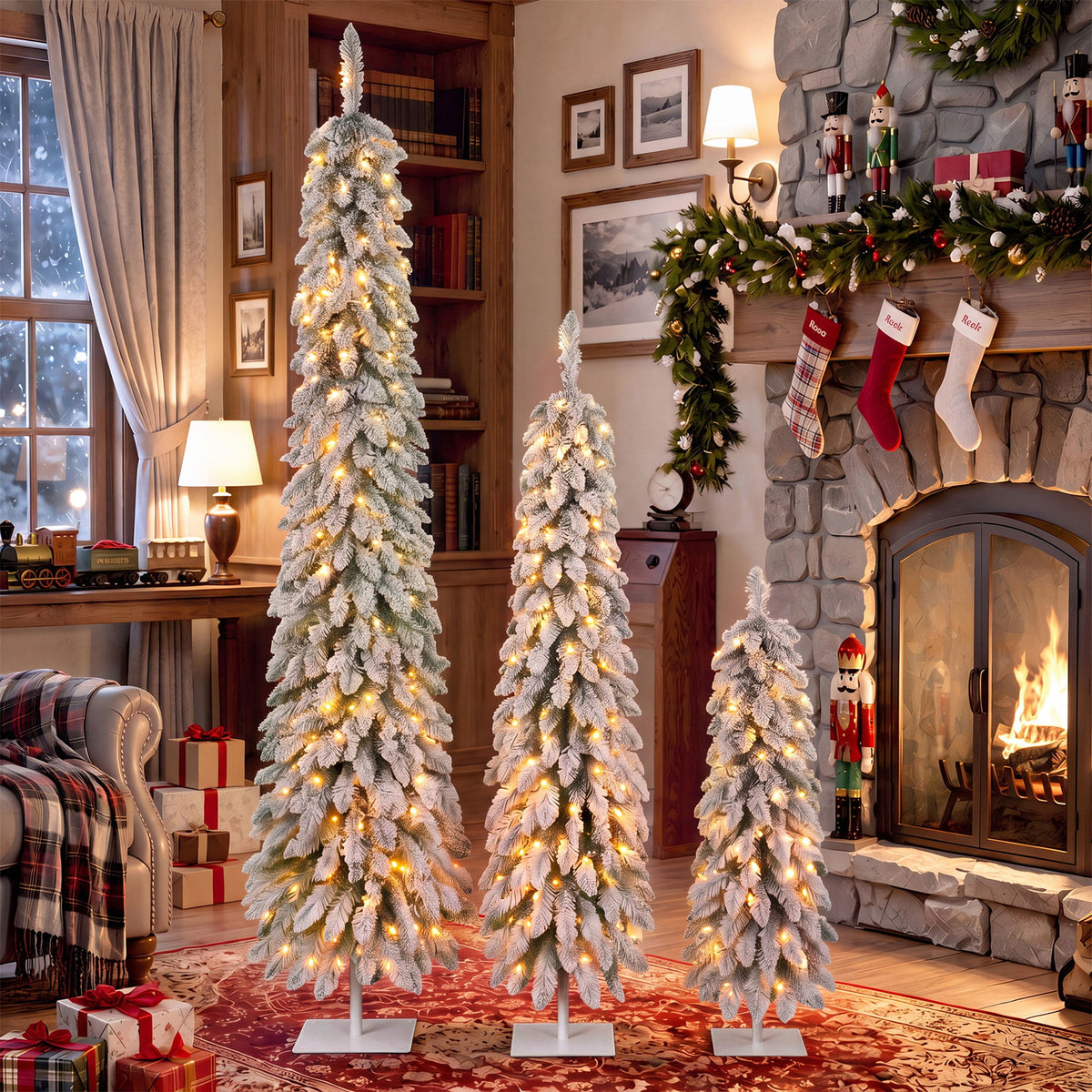 Slim Snow Flocked Pre Lit Pencil Christmas Tree, 3.9Ft / 5.9Ft / 7.9Ft With 750 Branch Tips, 480 LED Lights, Warm Glow, For Indoor Holiday Decor - White