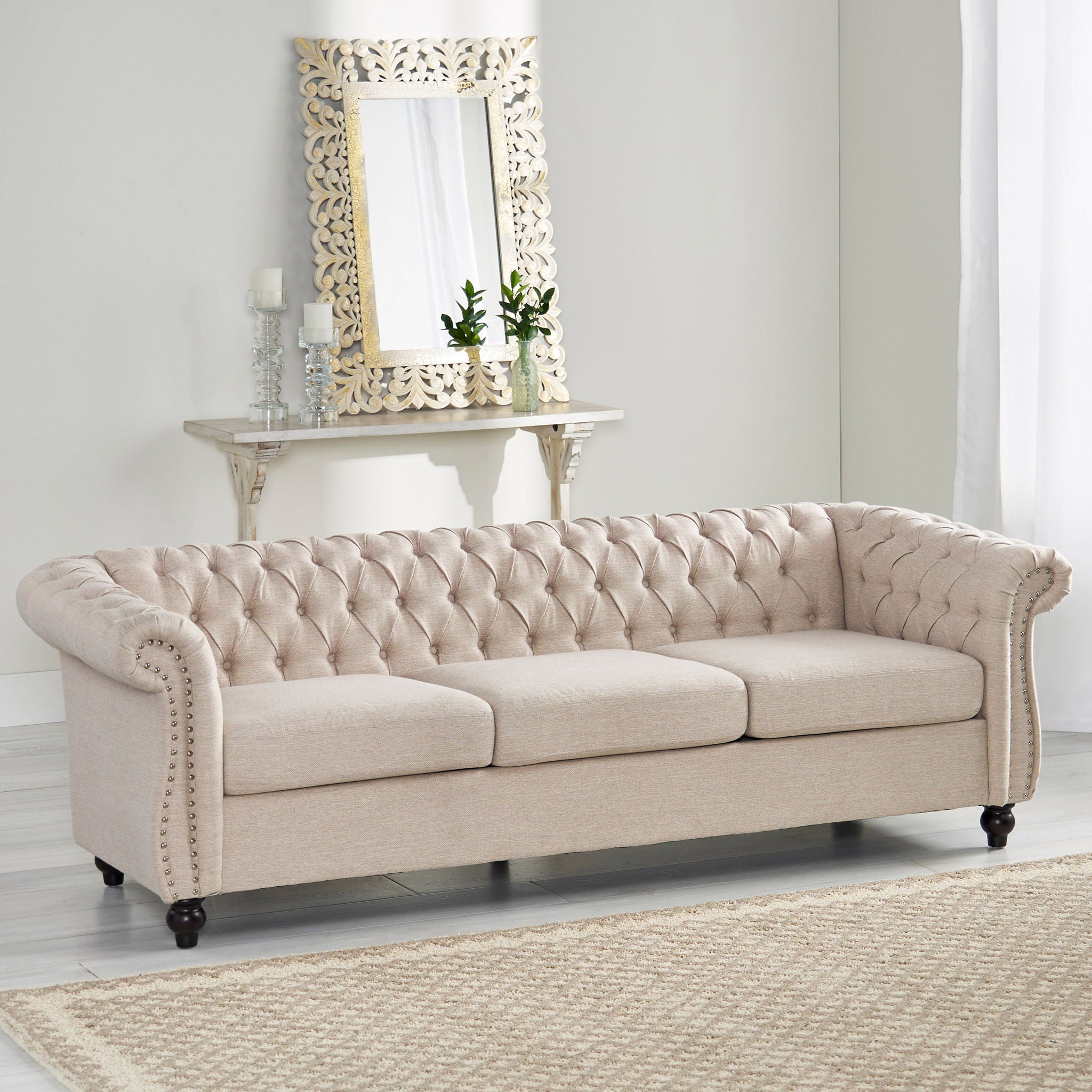 Chesterfield Style 3 Seater Sofa With Deep Button Tufting - Beige
