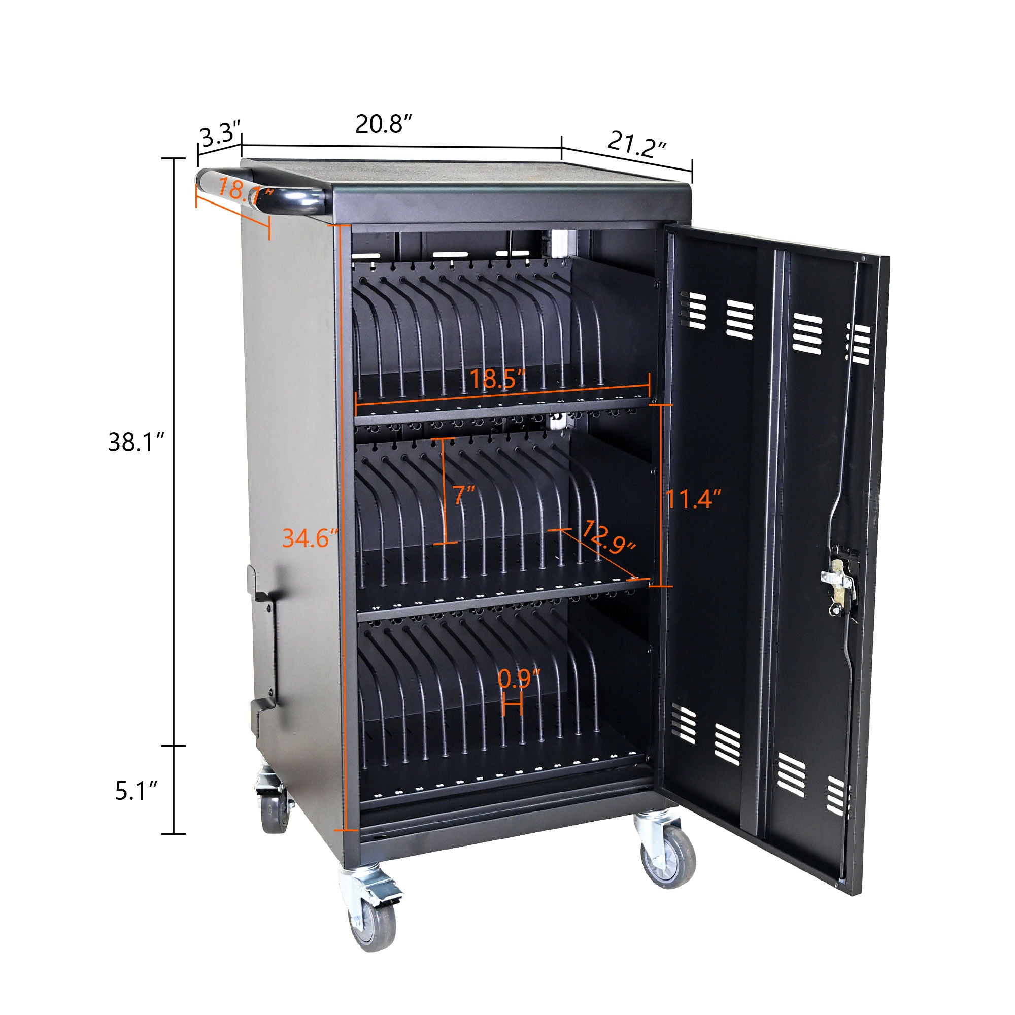 45 Bay Mobile School Charging Cart Station For Chromebook, Tablet And Laptop Computer With Power Strip Included - Black