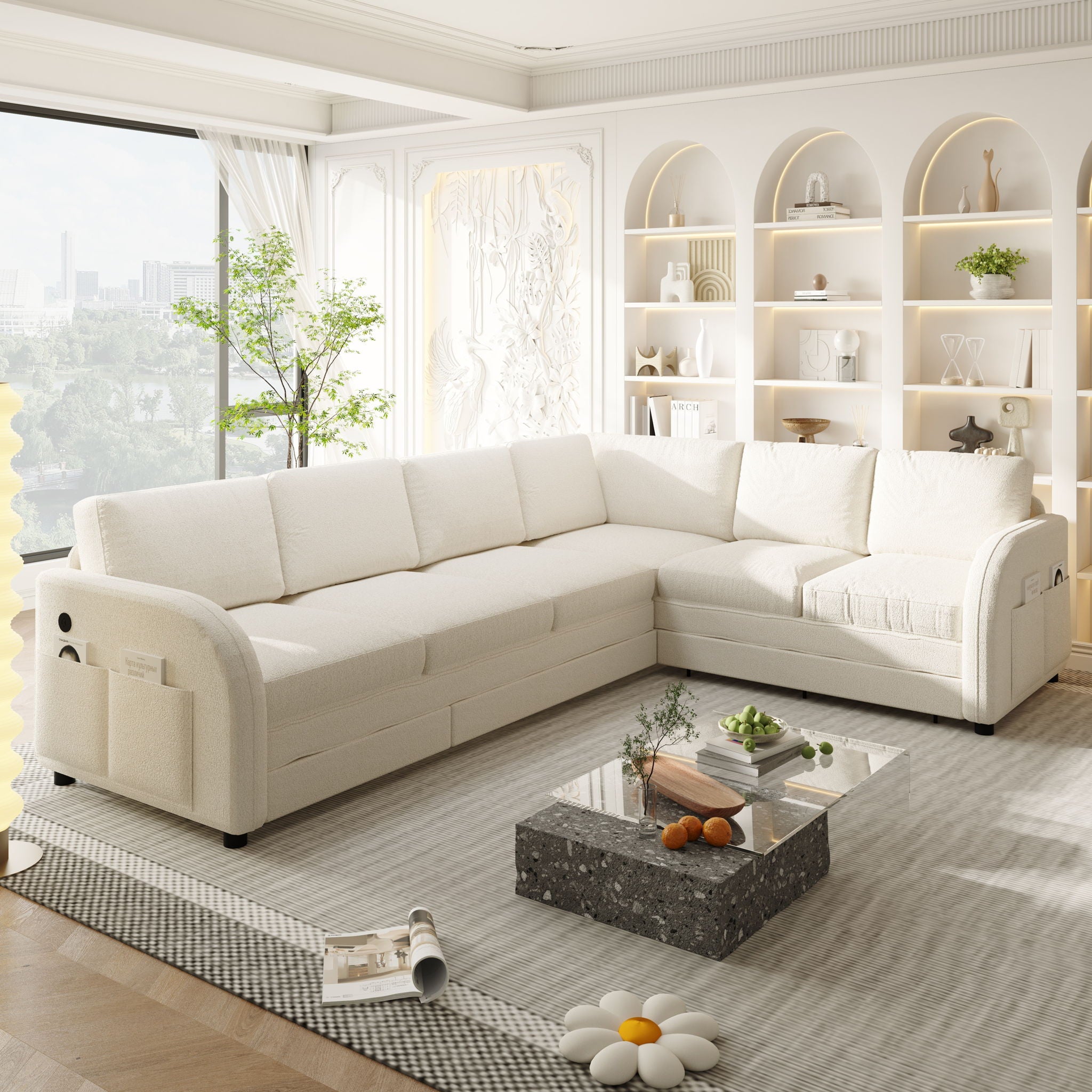 L-Shaped Couch With Pull-Out Bed, Convertible Sleeper Sofa With Side Pocket & USB Port