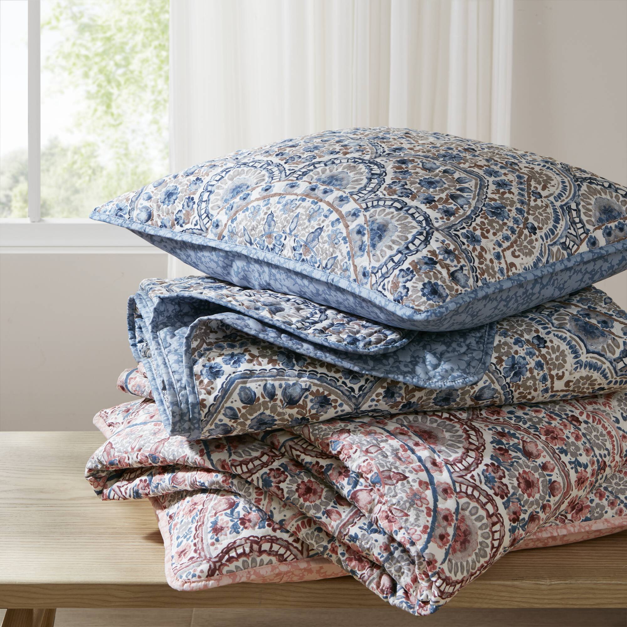Valerie - King Boho Floral Reversible Quilt - Blue