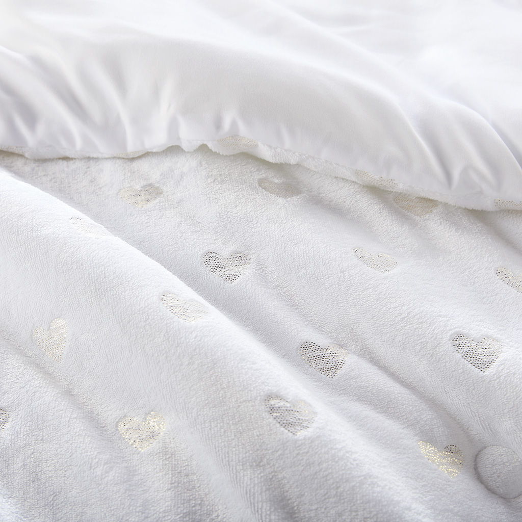 Rosalie - 4 Piece Full/Queen Metallic Printed Plush Comforter Set With Throw Pillow - White/Gold