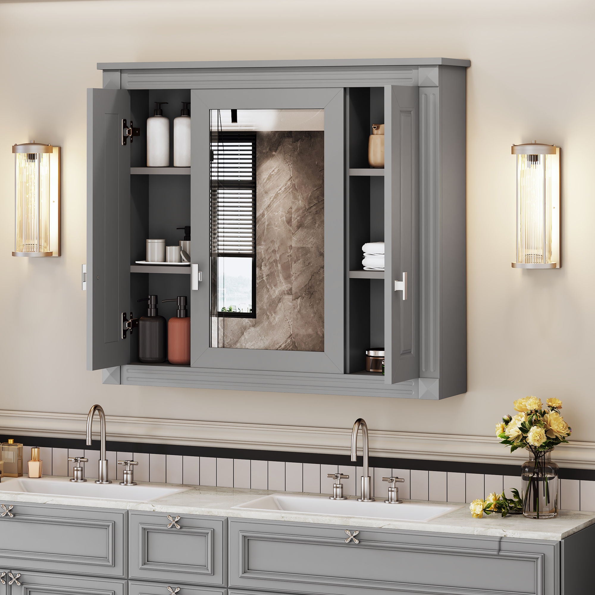 Wall Mounted Bathroom Cabinet With Mirror And 5 Shelves, Rectangular Design