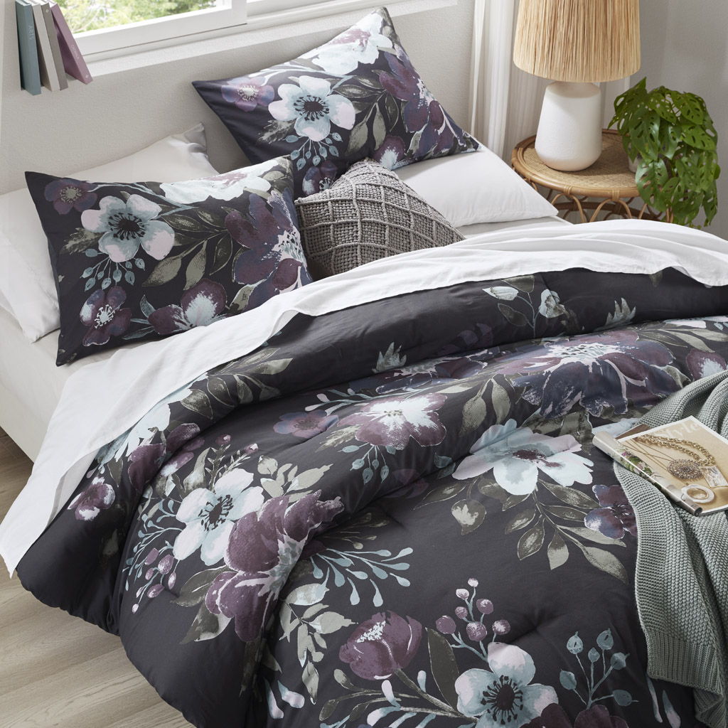 Jolene - 3 Piece Full/Queen Printed Comforter Set - Dark Gray/Plum