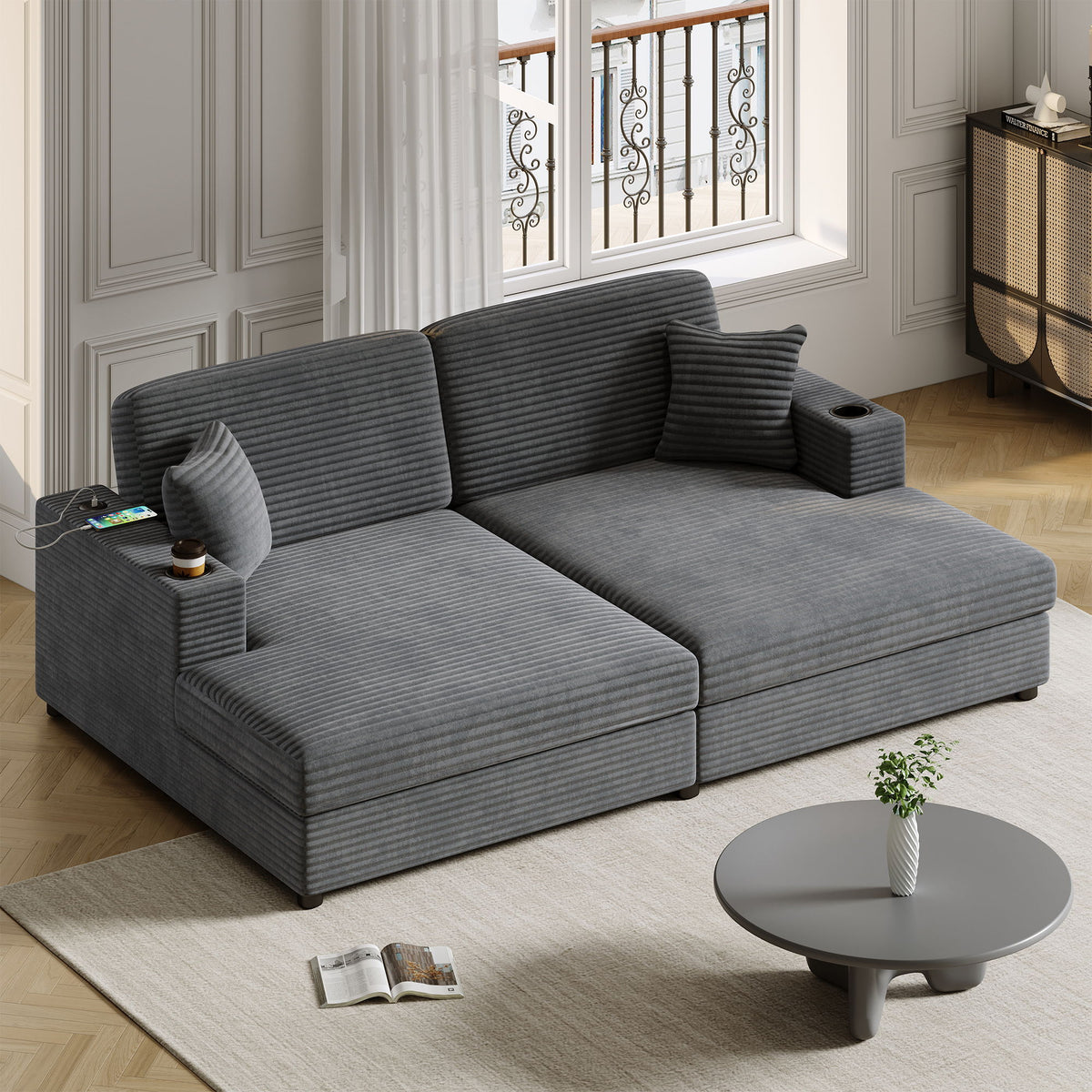 Oversized Loveseat Chaise With 2 USB Ports, 2 Cup Holders And 2 Throw Pillows