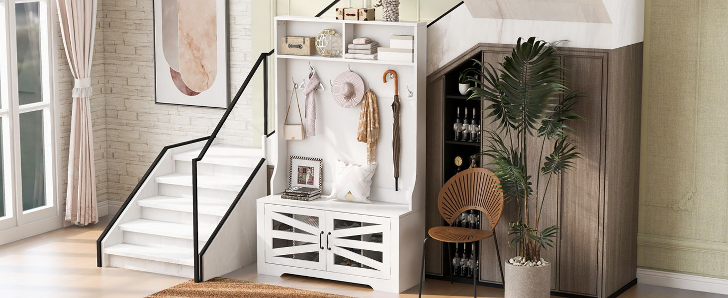 Entryway Bench With Coat Rack, 3 In 1 Design And Adjustable Shelves