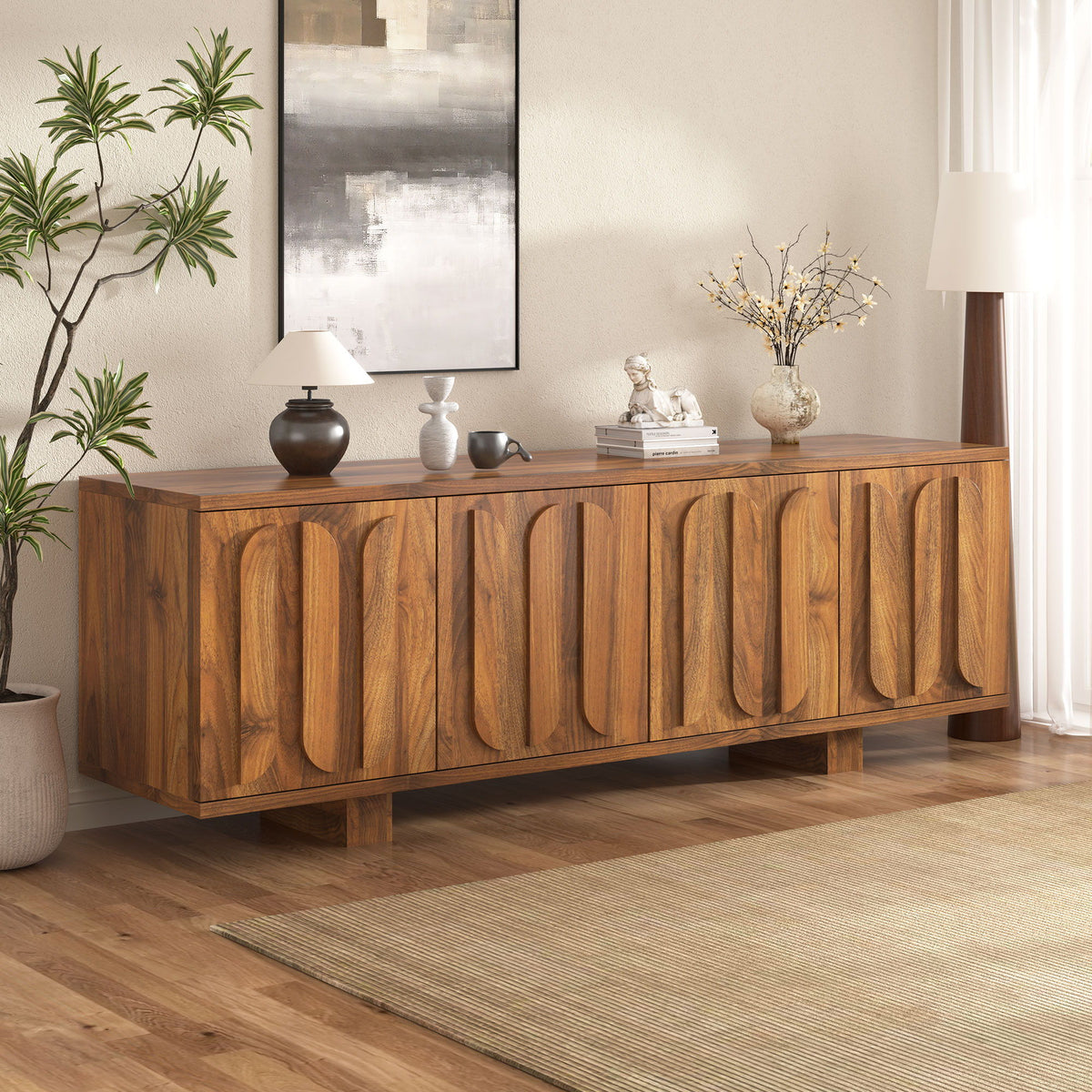 TV Stand, Storage Media Console With Adjustable Shelves & 3 Cable Holes For Living Room - Brown