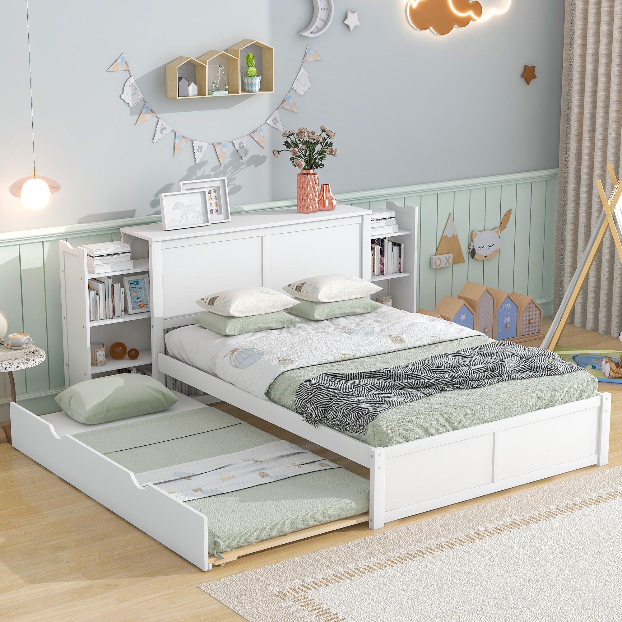 Storage Platform Bed With Pull Out Shelves And Trundle