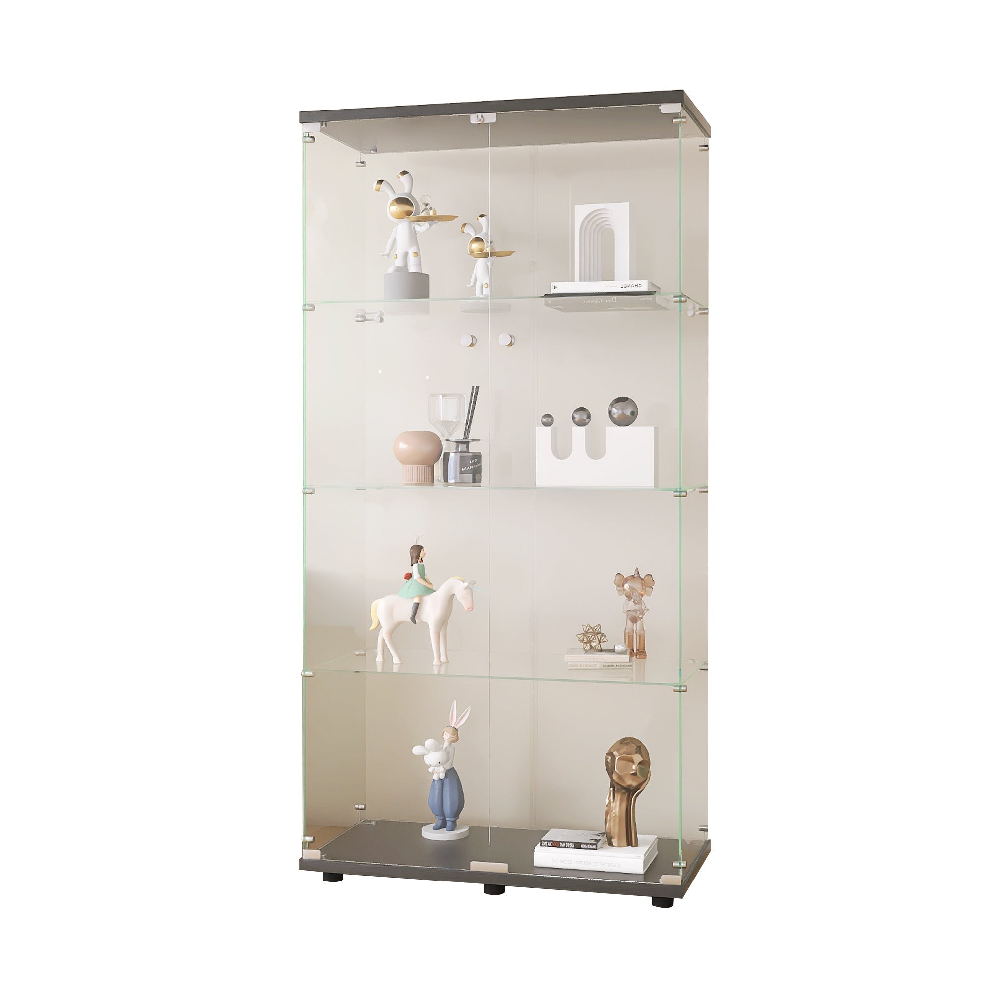 Two-door Glass Display Cabinet 4 Shelves with Door, Floor Standing Curio Bookshelf for Living Room Bedroom Office, 64.7"*31.7"*14.3",Black