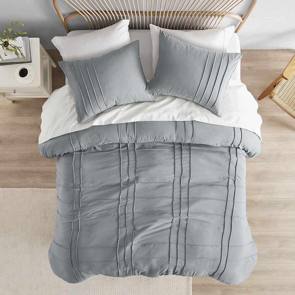 Porter - Full Soft Washed Pleated Comforter Set - Blue / Gray