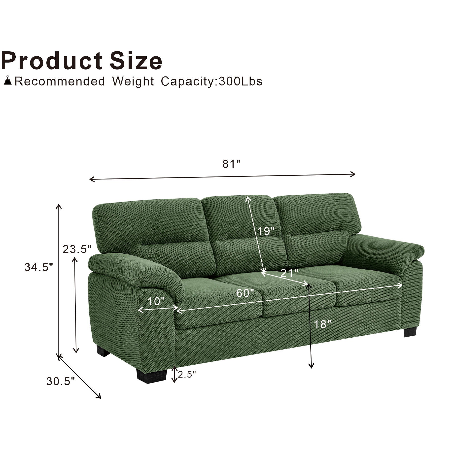 3 Seater Sofa With Padded Armrests And Triangular Leg