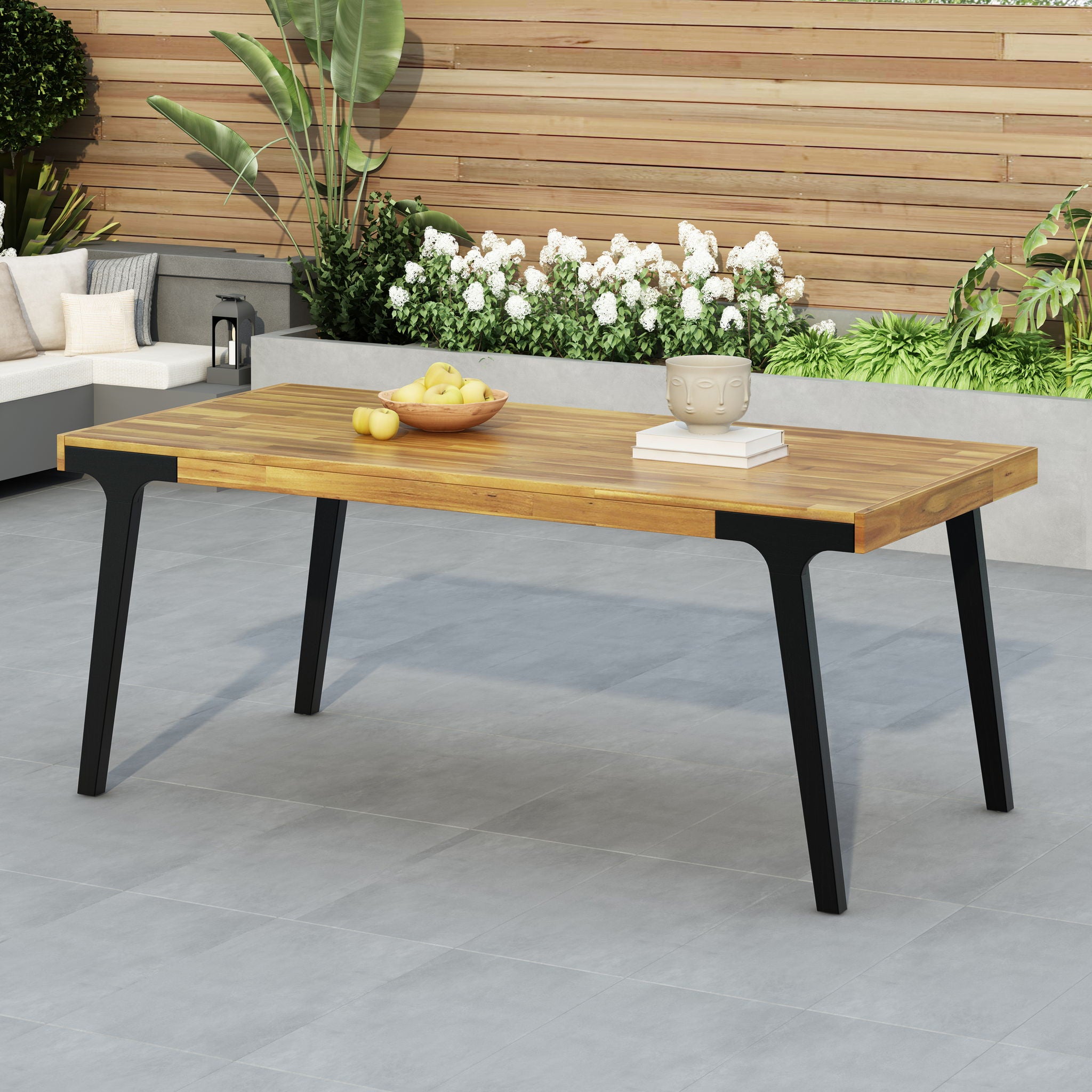 Acacia Wood Patio Dining Table, 69"L Rectangle Outdoor Table - Teak / Black