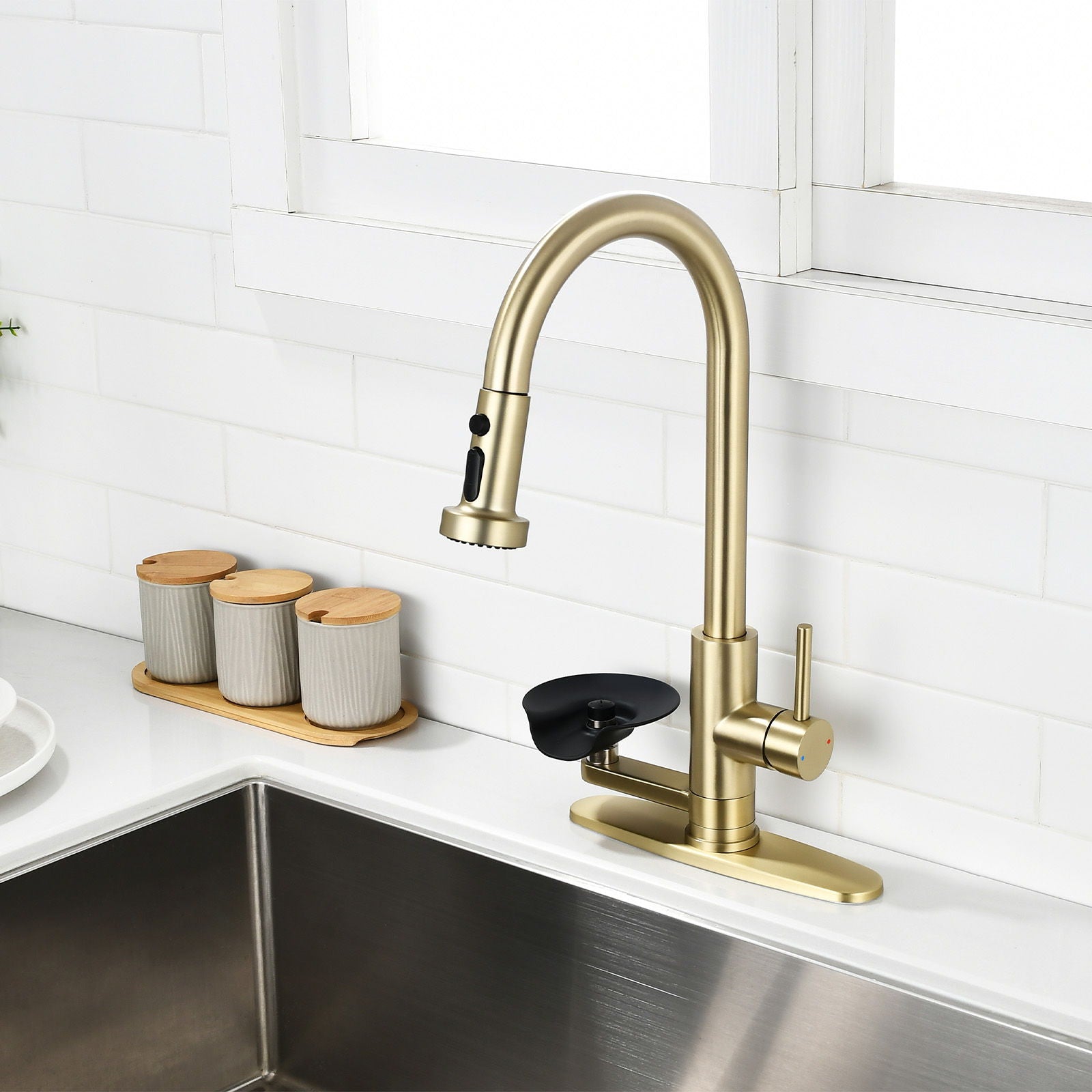 3 In 1 Kitchen Faucet With Press Type Glass Rinser, High Arc Pull Down Sprayer