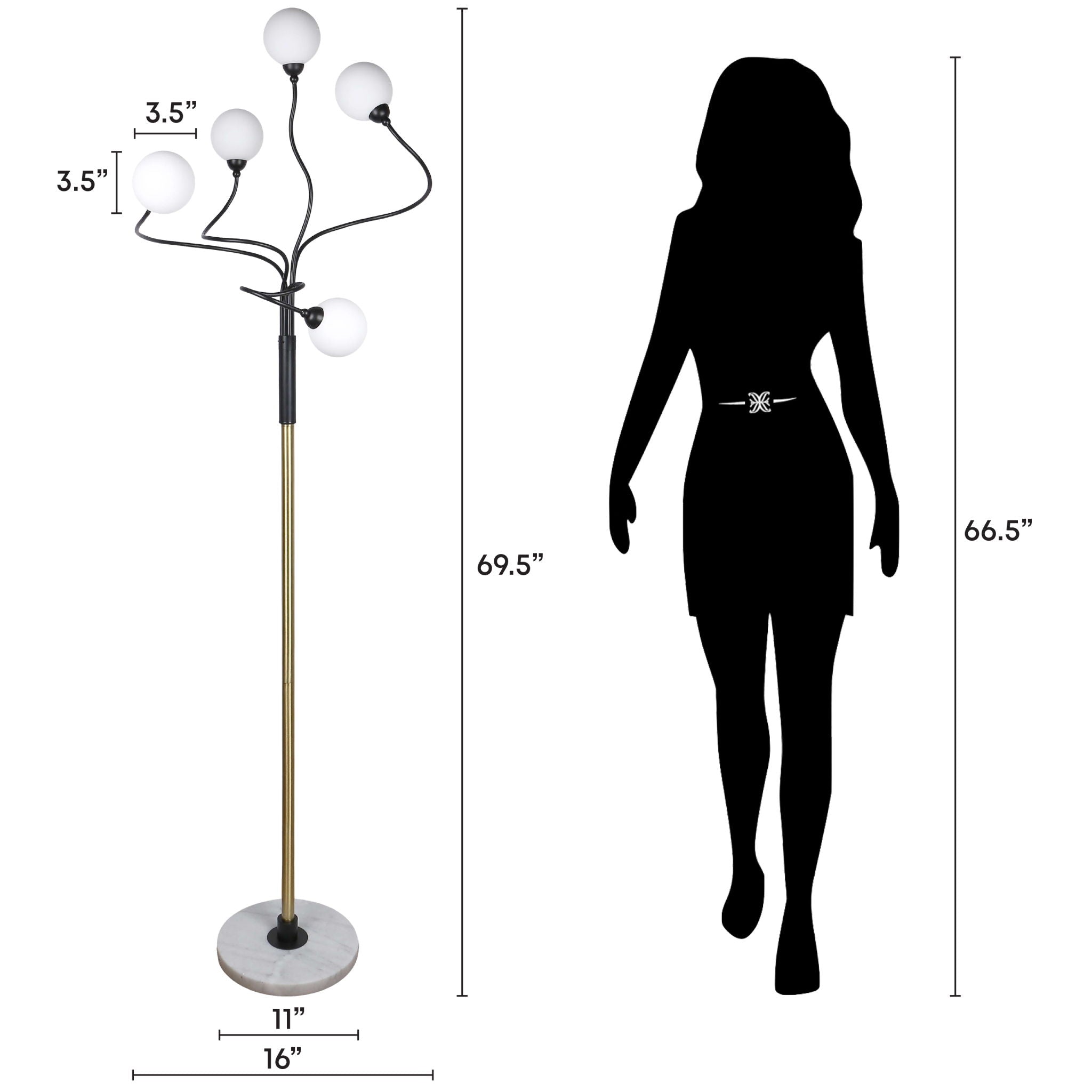 "Celestial Branch" Metal Floor Lamp - Matte Black / White Frosted Glass / White Marble / Soft Gold