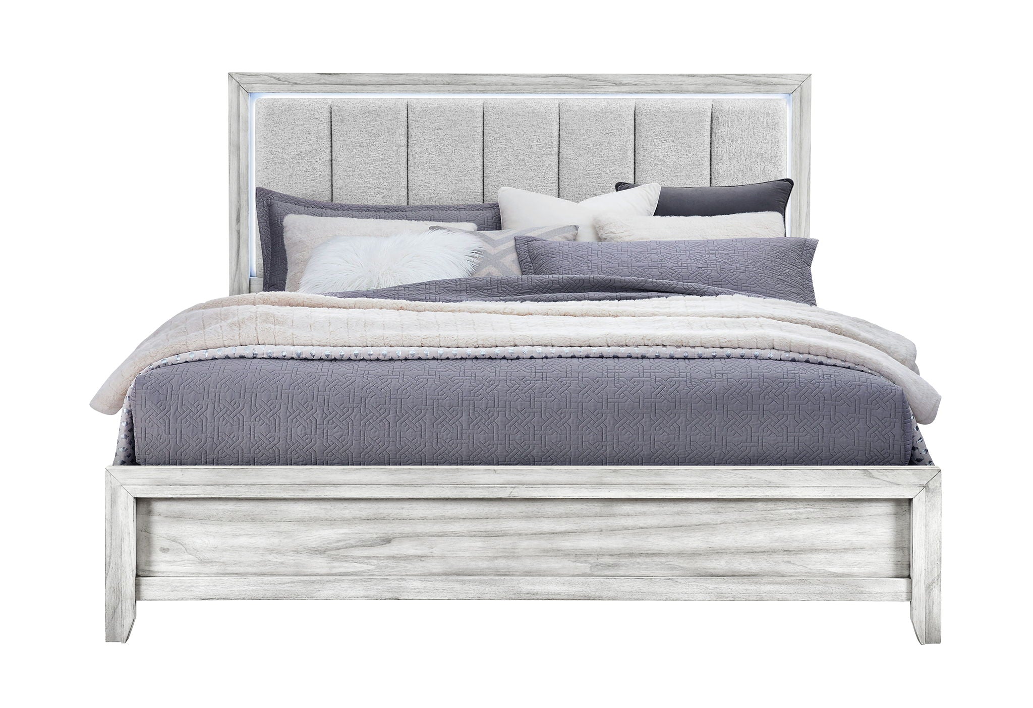 Elsie - King Bed Headboard With LED, Footboard And Slats - Light Grey
