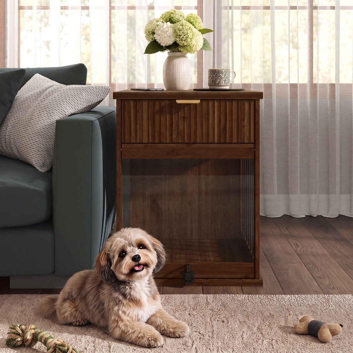 Dog Crate End Table With Charging Station - Antique Brown