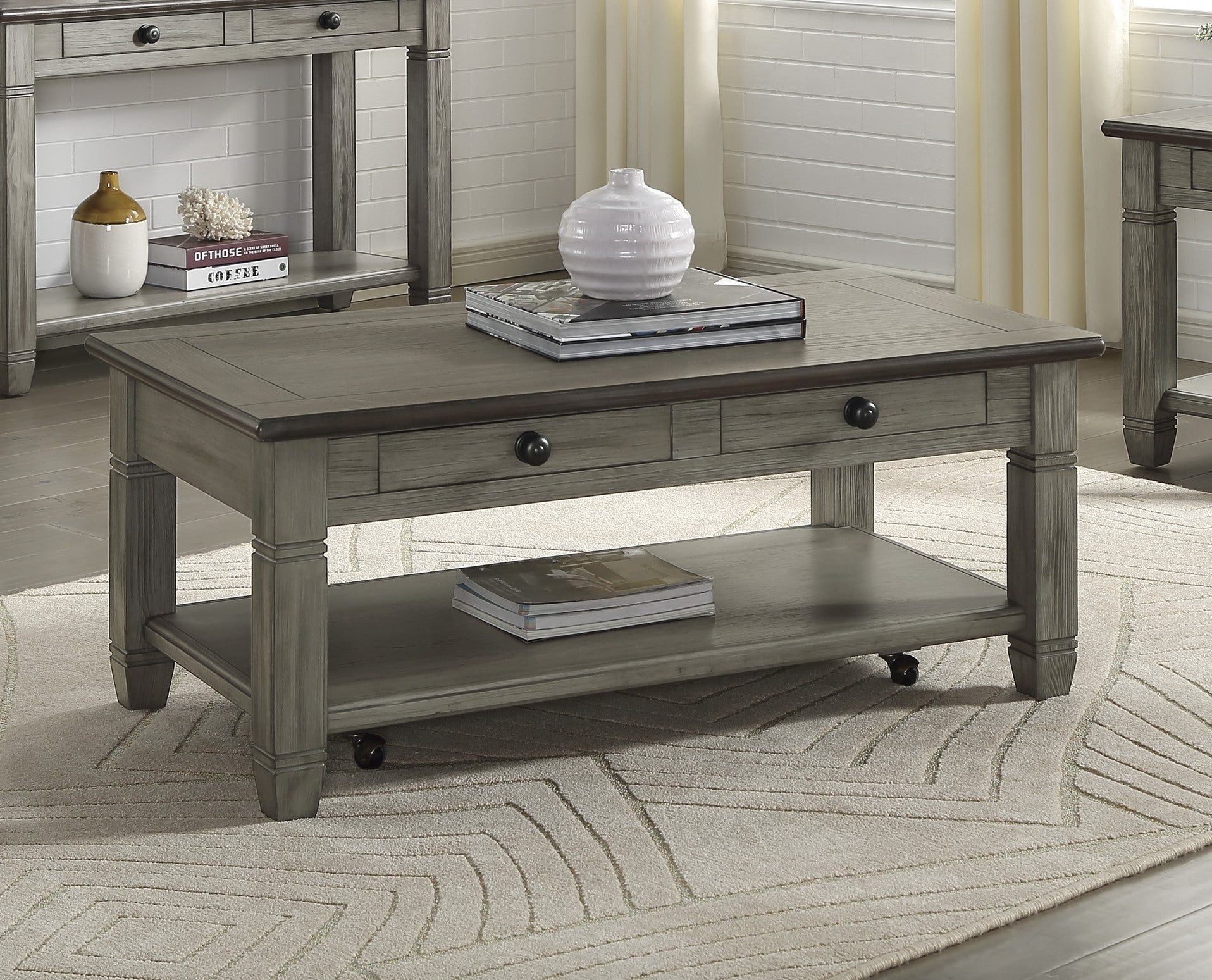 Coffee and Antique Gray Finish 1pc Cocktail Table with Casters 2 Drawers Bottom Shelf Wooden Living Room Furniture