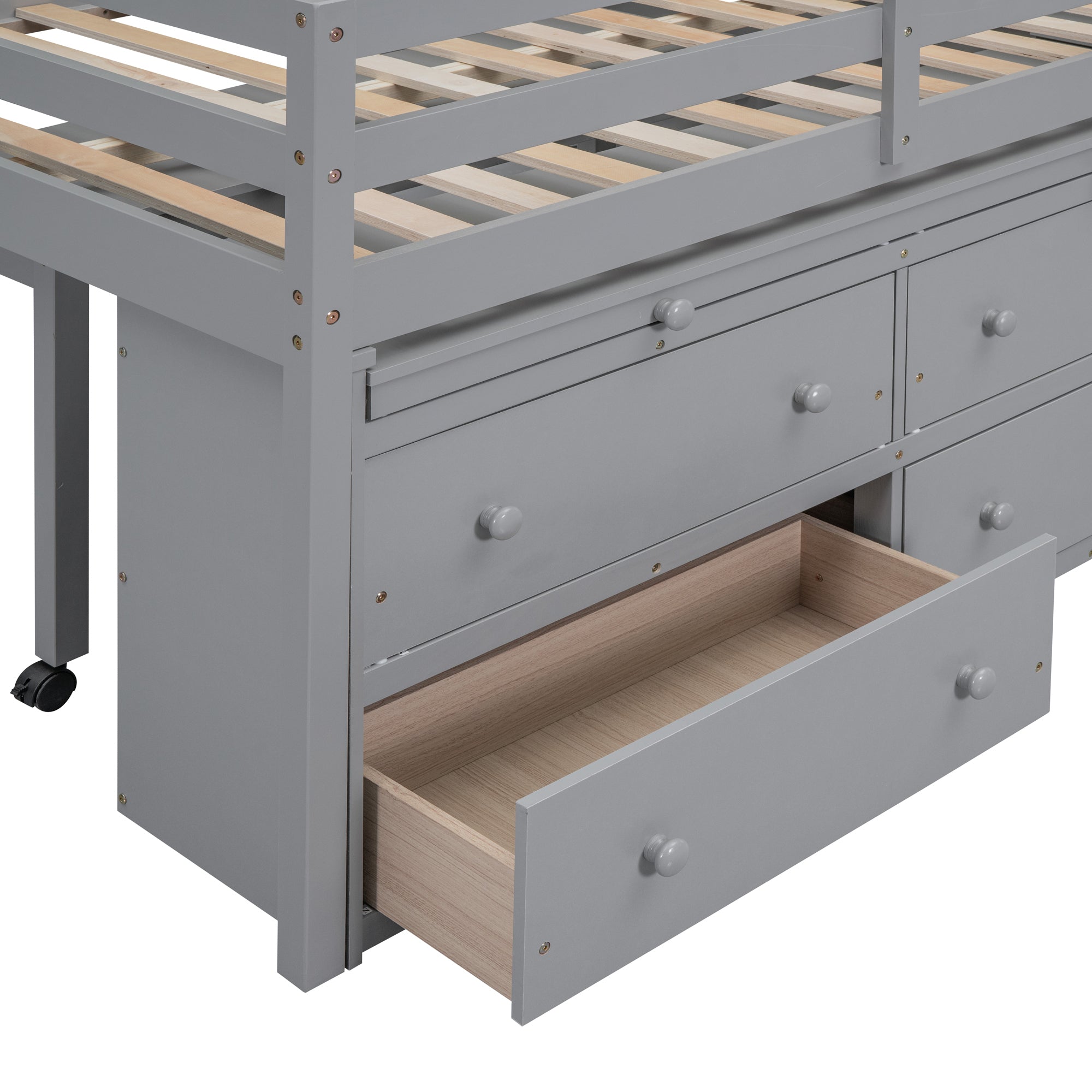 Full Size Loft Bed with Retractable Writing Desk and 4 Drawers, Wooden Loft Bed with Lateral Portable Desk and Shelves, Gray